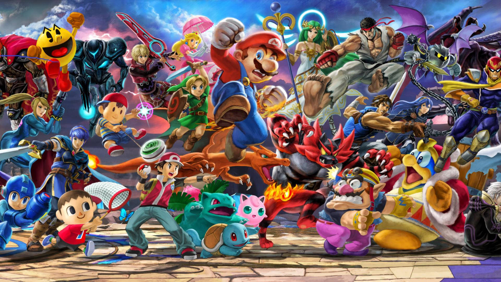 Super Smash Bros Ultimate, iconic video game characters, mid-action, Full HD Desktop Wallpaper
