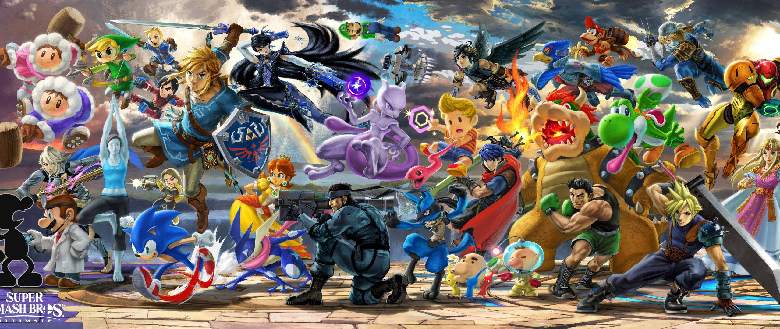 Super Smash Bros Ultimate, iconic video game characters, stormy sky, 2K Desktop Wallpaper
