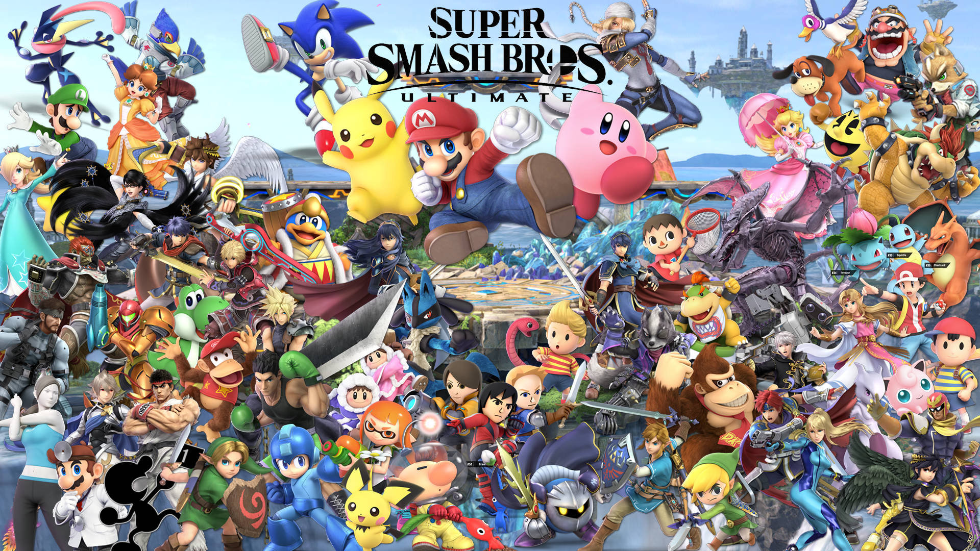 Super Smash Bros Ultimate, iconic video game characters, bright sky backdrop, Full HD Desktop Wallpaper