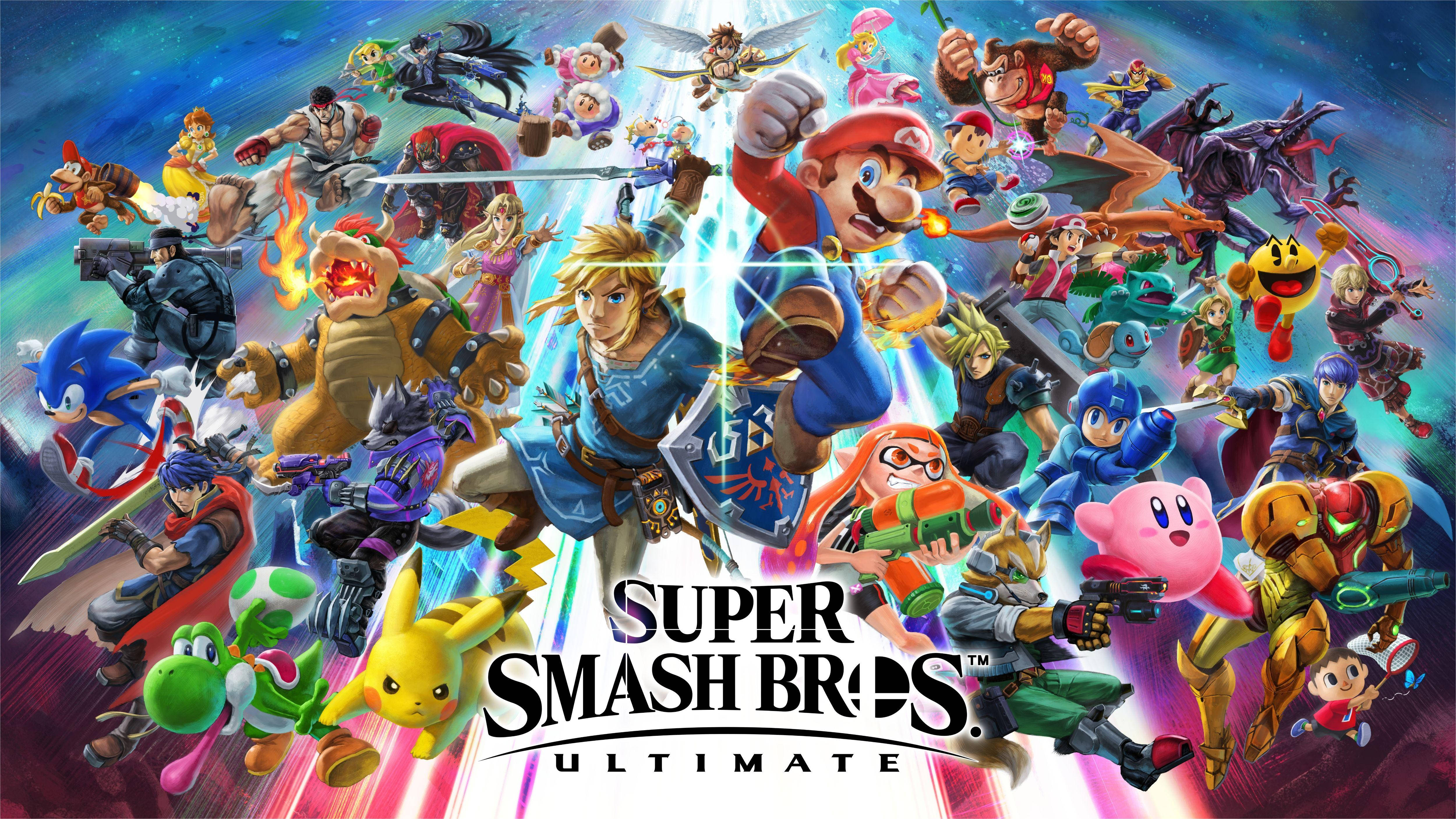 Super Smash Bros Ultimate, cosmic background, iconic video game characters, 4K Desktop Wallpaper