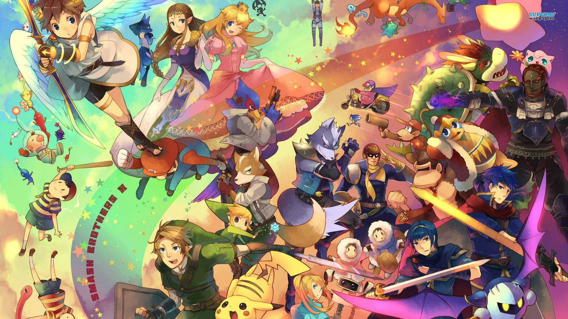Super Smash Bros Ultimate, anime-style, iconic video game characters, Full HD Desktop Wallpaper