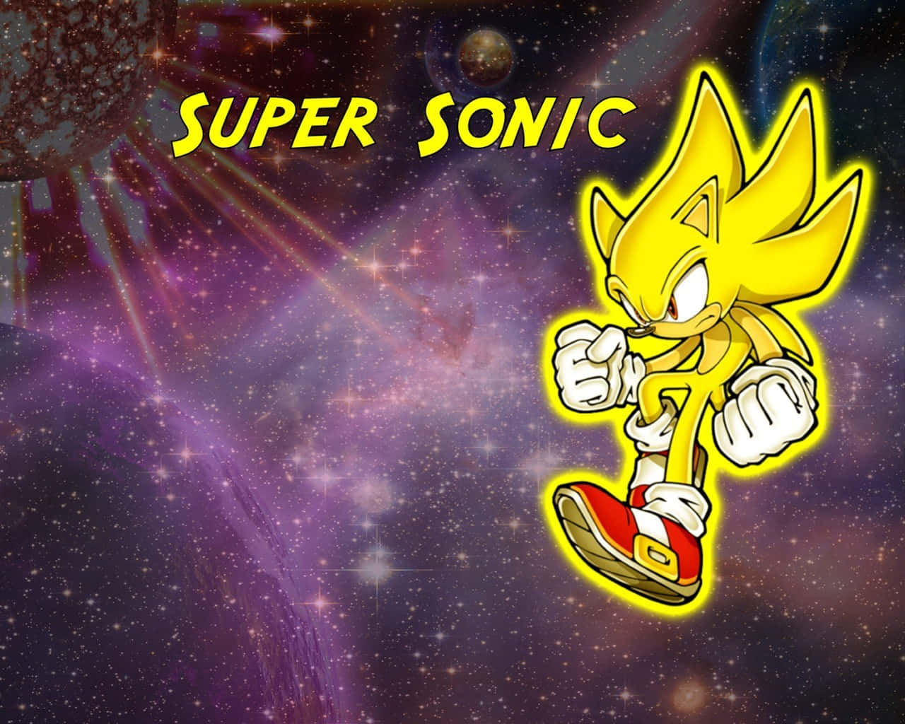 Super Sonic, vibrant purple starfield, glowing yellow aura, HD Desktop Wallpaper