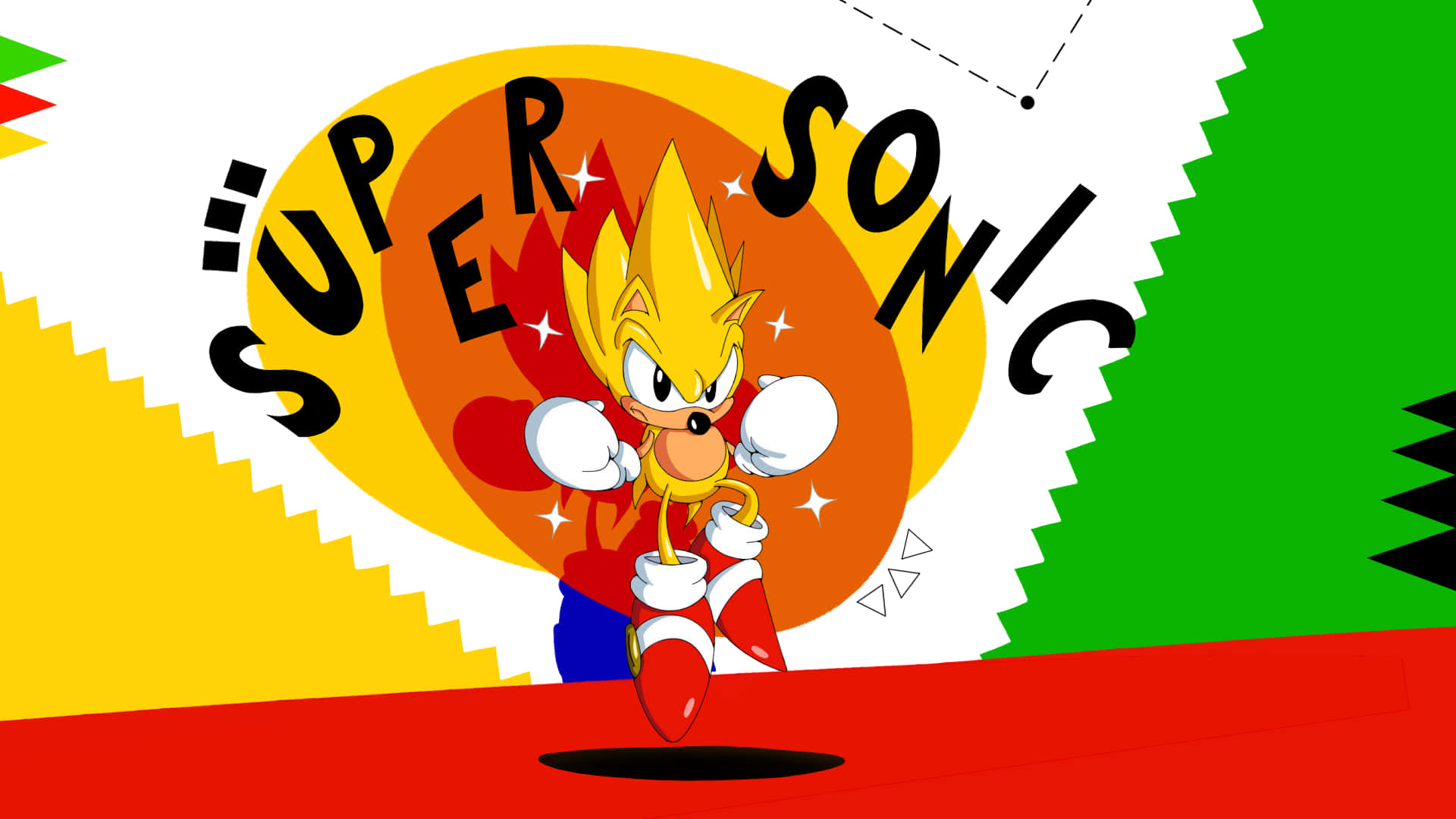 Super Sonic, yellow orange sunburst, jagged green red and white geometric backgrounds, Full HD Desktop Wallpaper