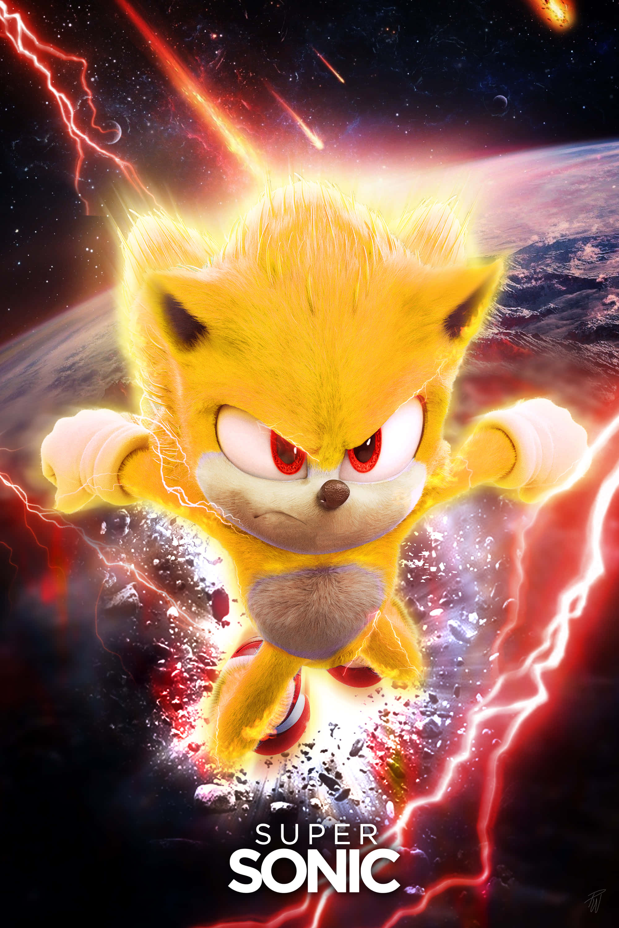 Super Sonic, glowing red lightning, cosmic backdrop, 2K Phone Wallpaper