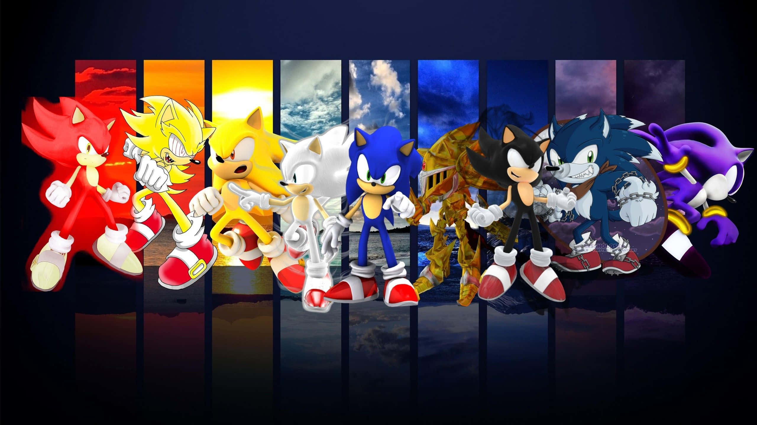 Super Sonic, Sonic characters, rainbow sky, 2K Desktop Wallpaper