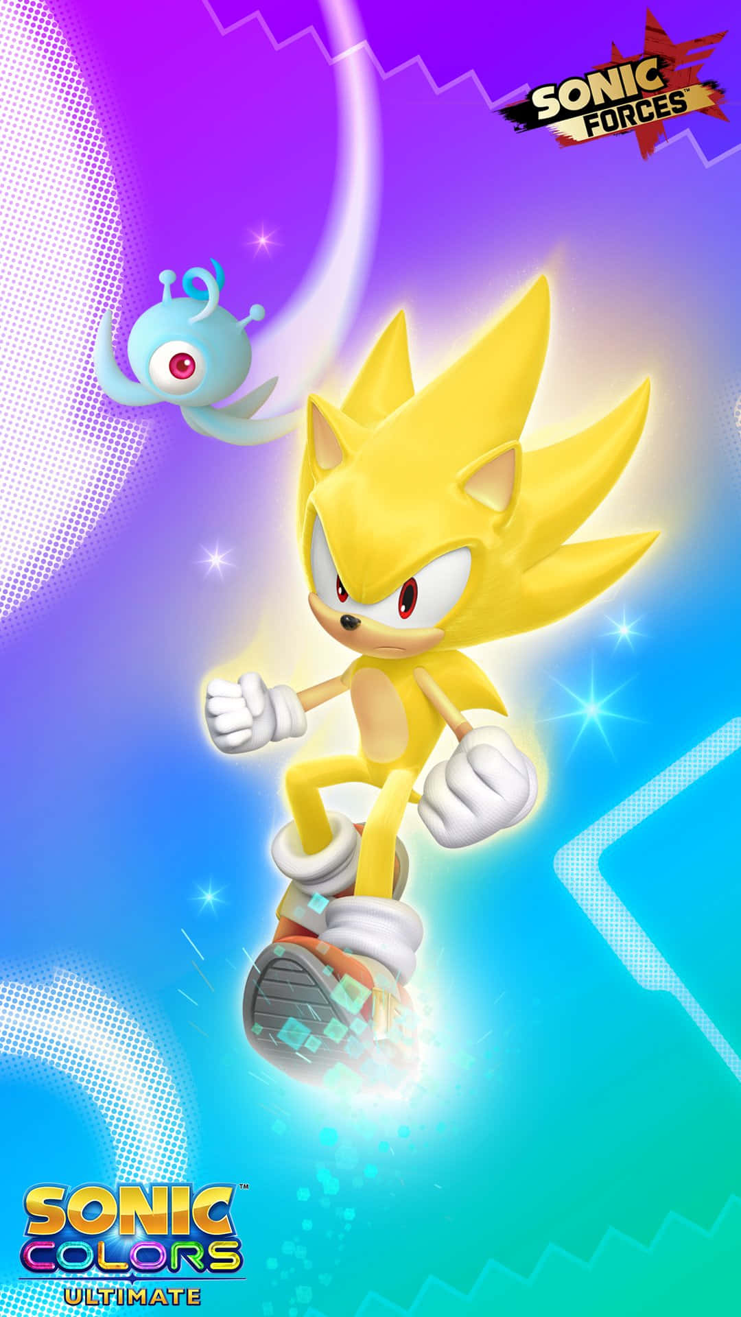 Super Sonic, glowing yellow quills, vibrant purple and blue gradient background, Full HD Phone Wallpaper