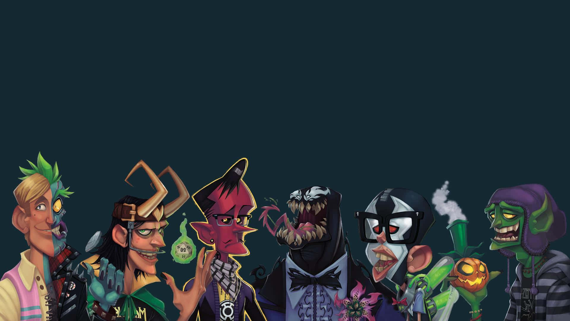 Super Villain, dark teal background, cartoonish villains, Full HD Desktop Wallpaper
