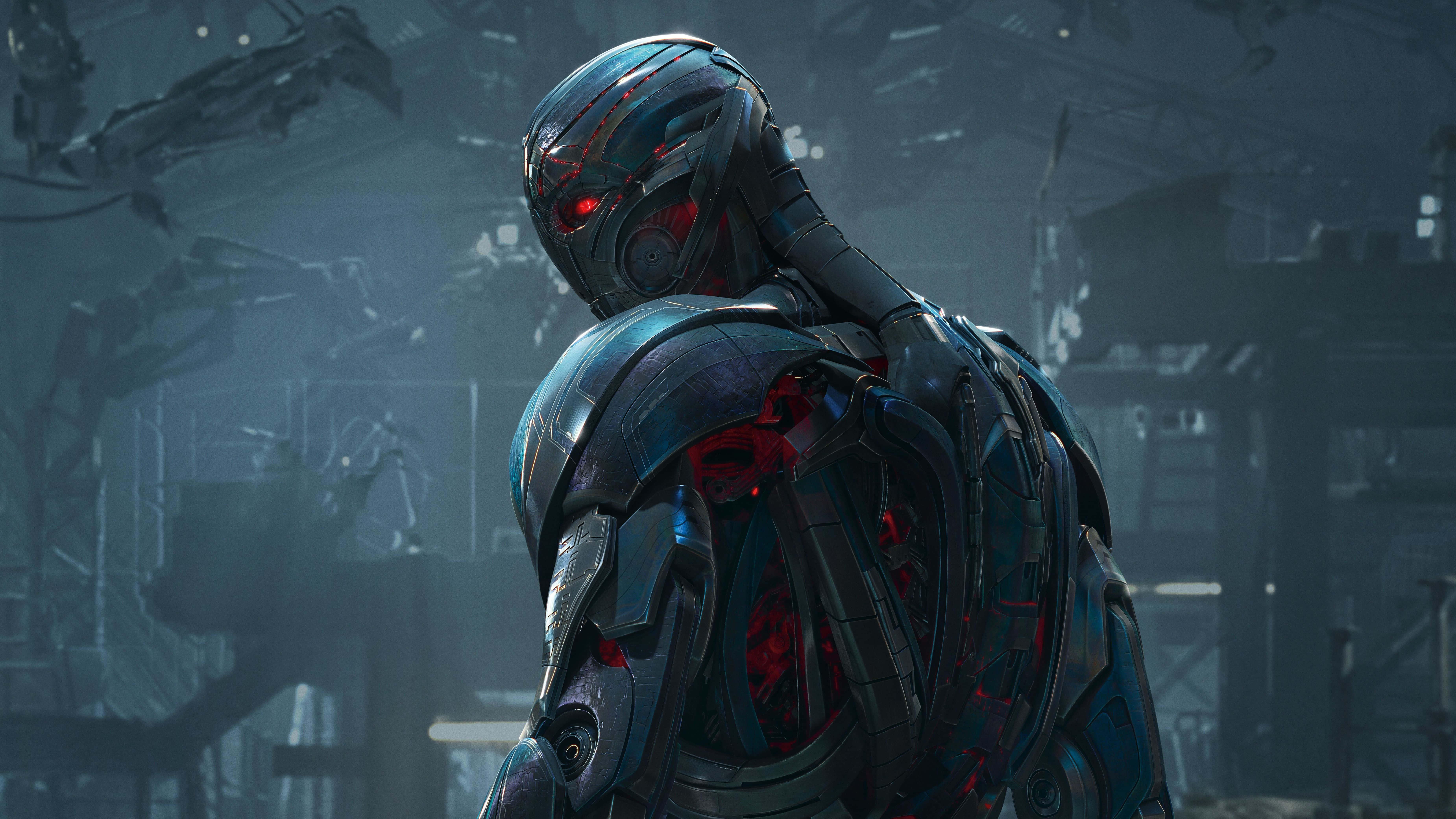 Super Villain, glowing red eyes, mechanical internals, 5K Desktop Wallpaper
