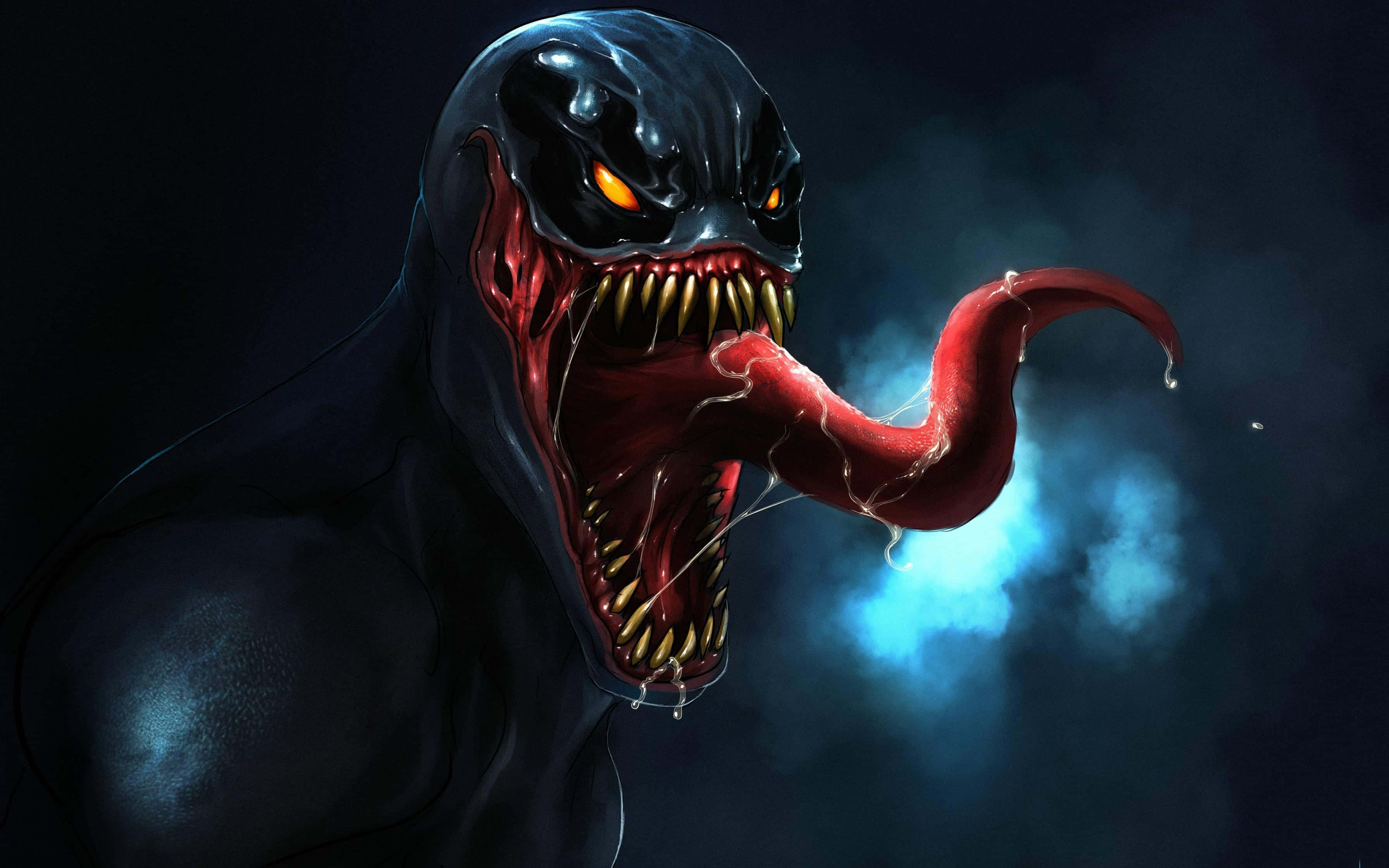 super villain, symbiote, glowing orange eyes, 2K Desktop Wallpaper