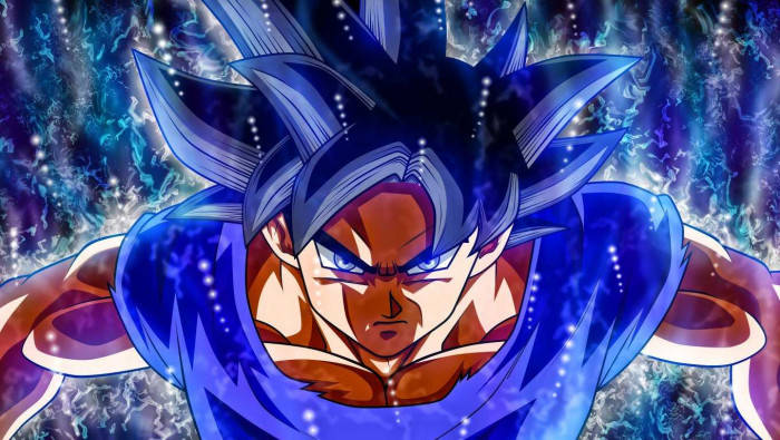 3D Anime Son Goku, spiky blue hair, glowing eyes, SD Desktop Wallpaper