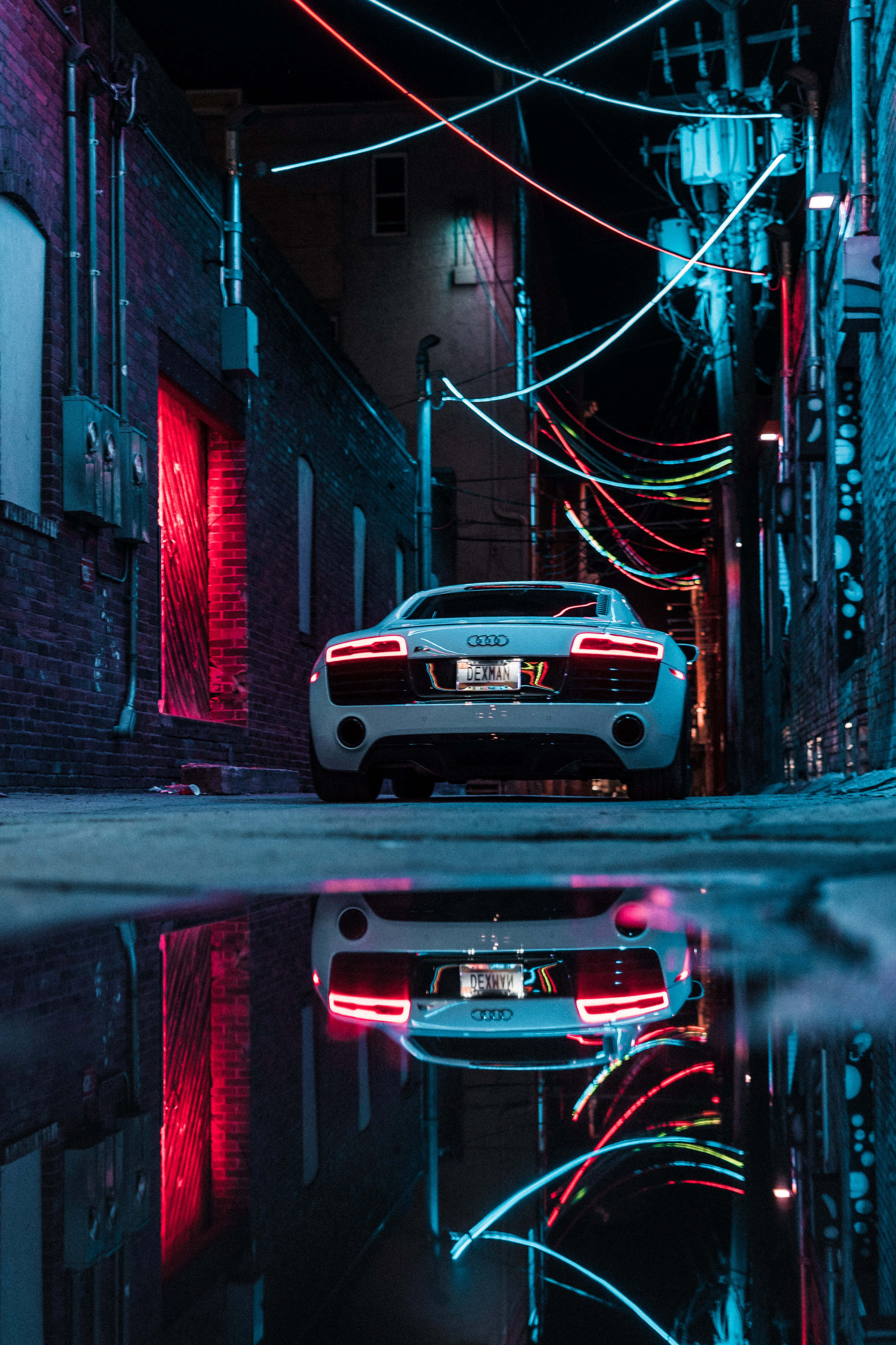 white supercar, neon alley, night, 5K Phone Wallpaper