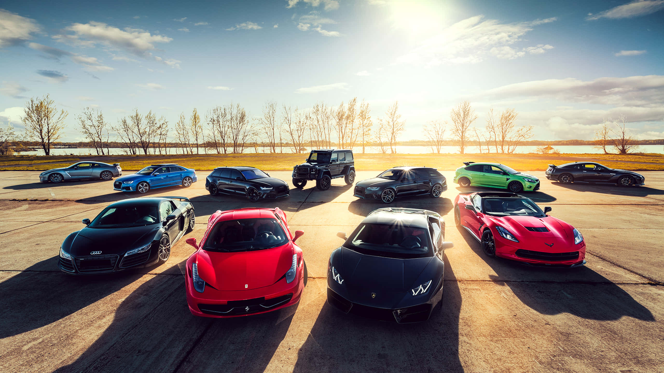 Supercar, parking lot, sunlit tarmac, 2K Desktop Wallpaper
