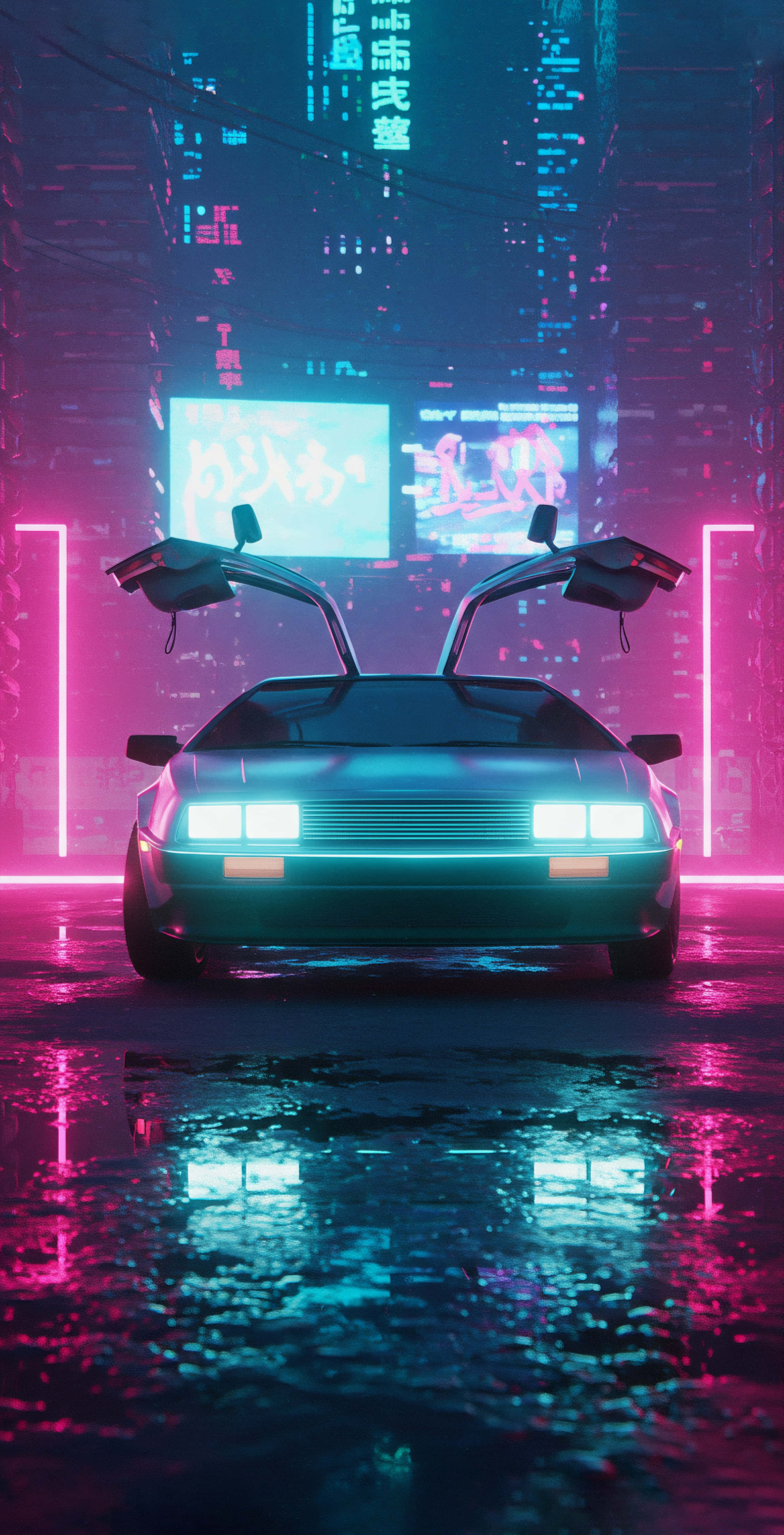 teal DeLorean, scissor doors, neon pink and blue cyberpunk city lights, 4K Phone Wallpaper