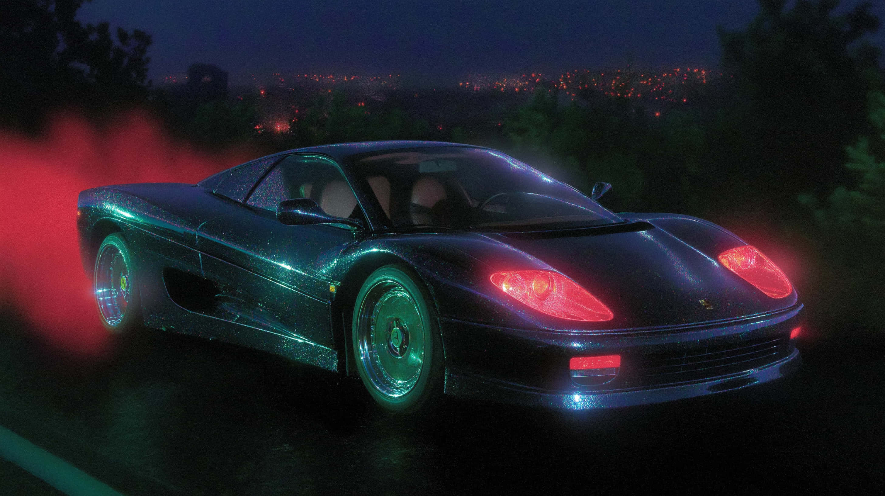sleek black sports car, glowing red headlights, green underglow, 2K Desktop Wallpaper