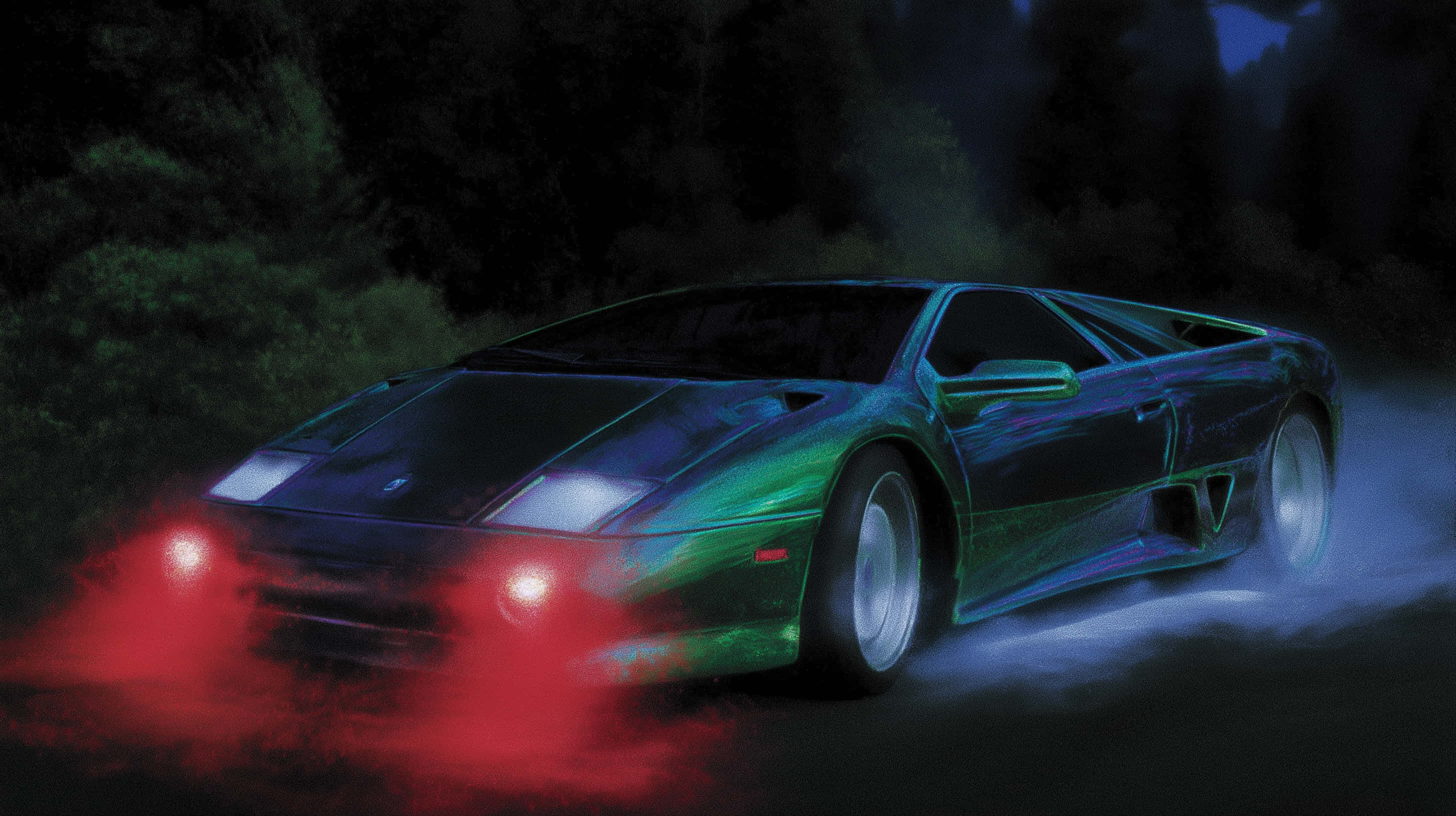 green sports car, glowing red headlights, dark forest, 2K Desktop Wallpaper