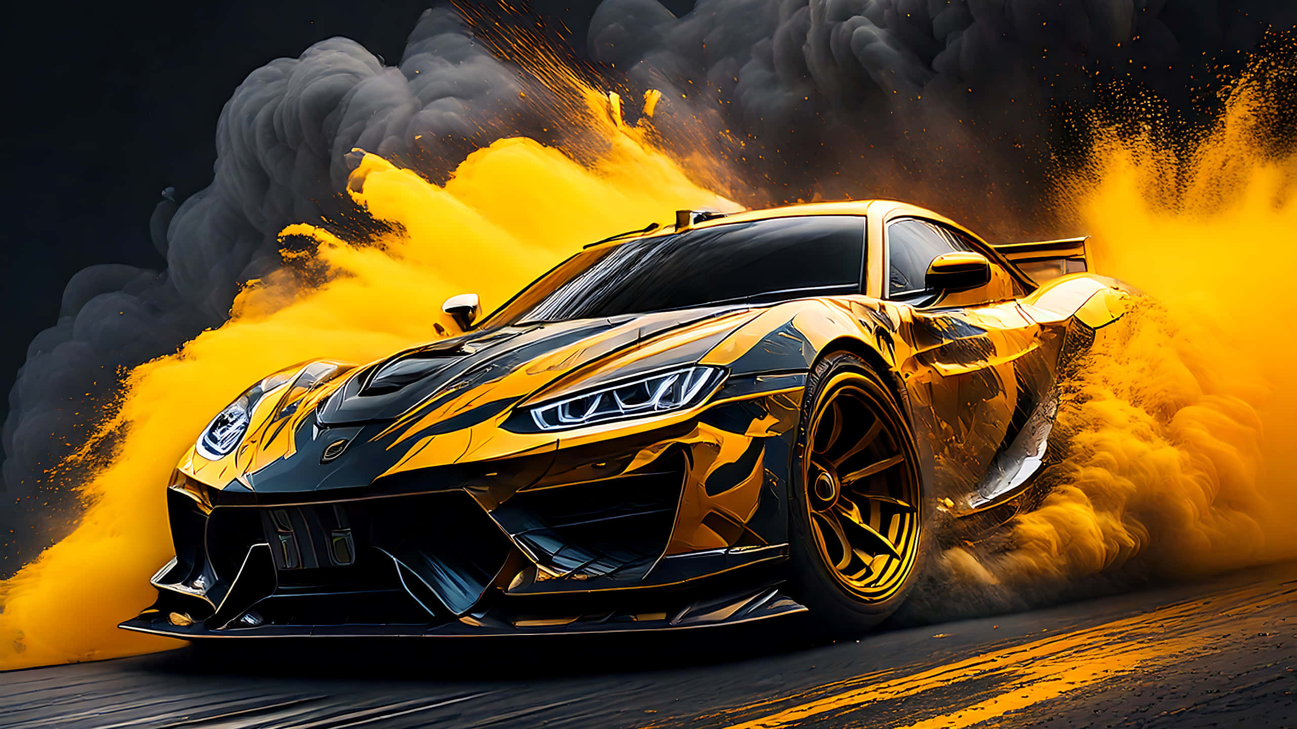 yellow supercar, gold and black sports car, vibrant yellow dust, 2K Desktop Wallpaper