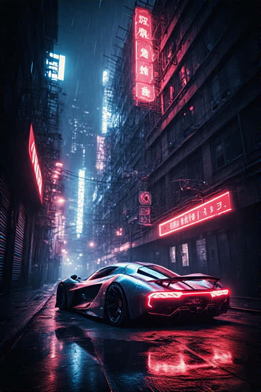cyberpunk alleyway, neon-drenched, rain-slicked, SD Phone Wallpaper