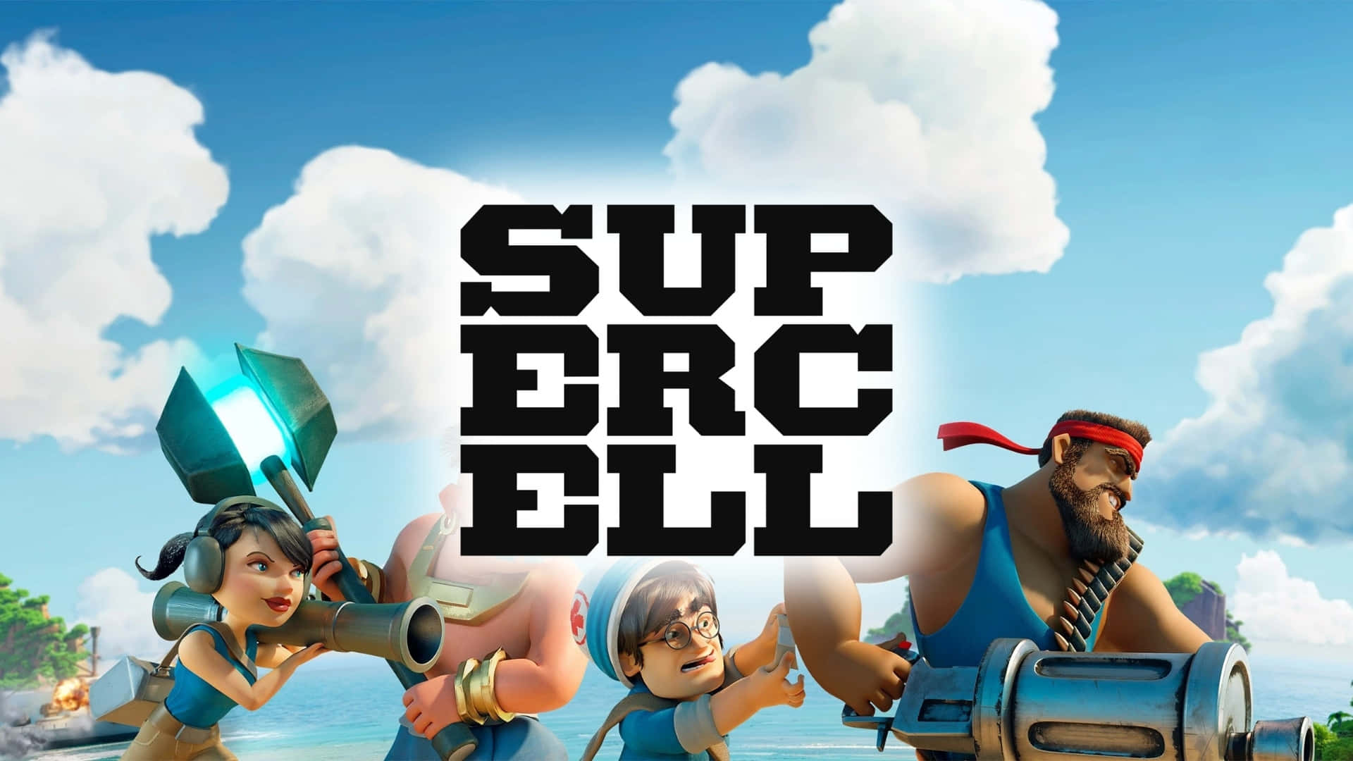 Supercell Logo, blue outfits, weapons, Full HD Desktop Wallpaper
