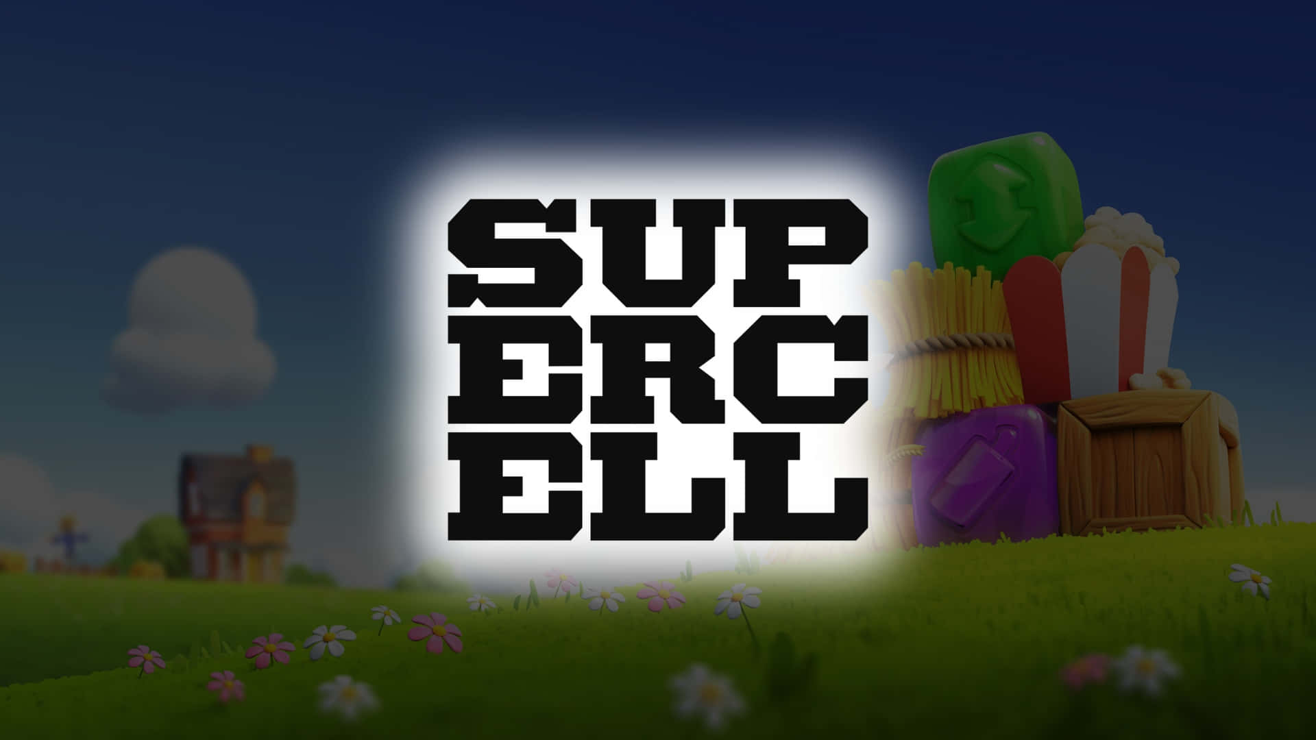 Supercell, glowing Supercell logo, grassy field, Full HD Desktop Wallpaper