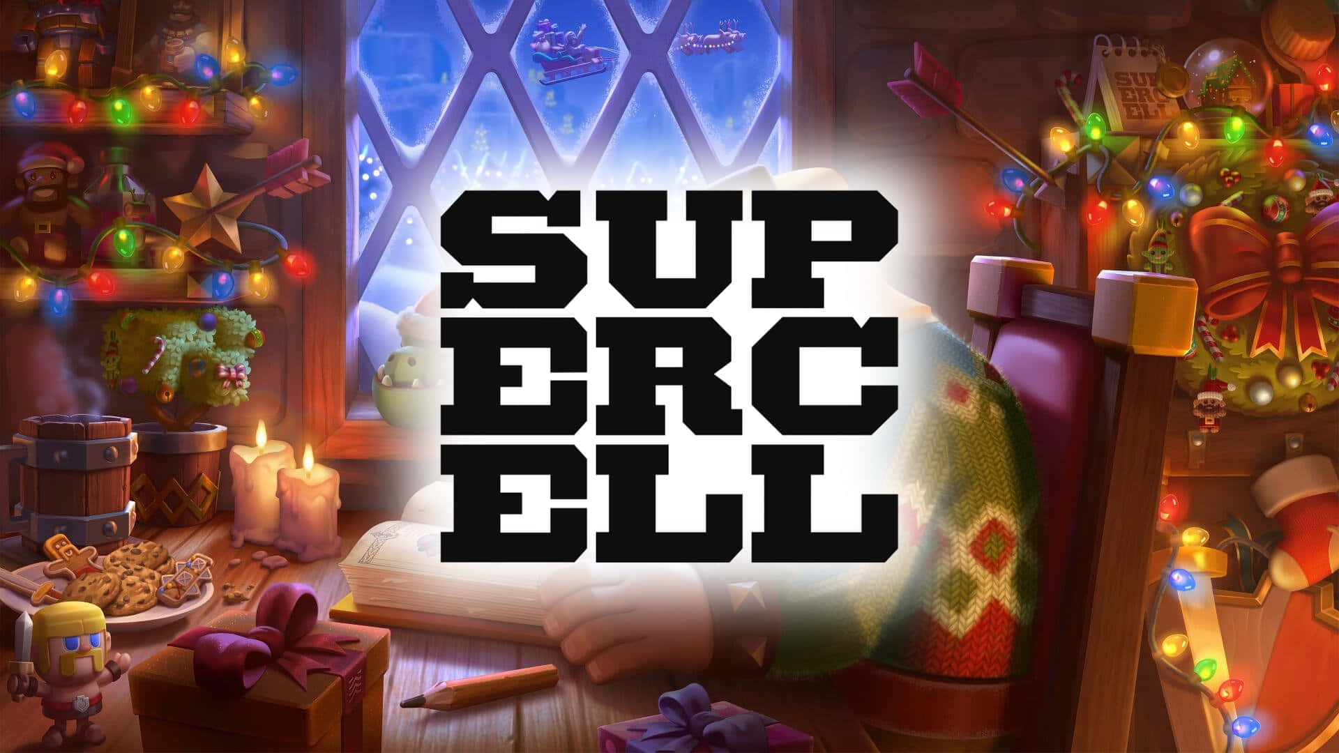 Supercell Logo, festive room, glowing lights, Full HD Desktop Wallpaper