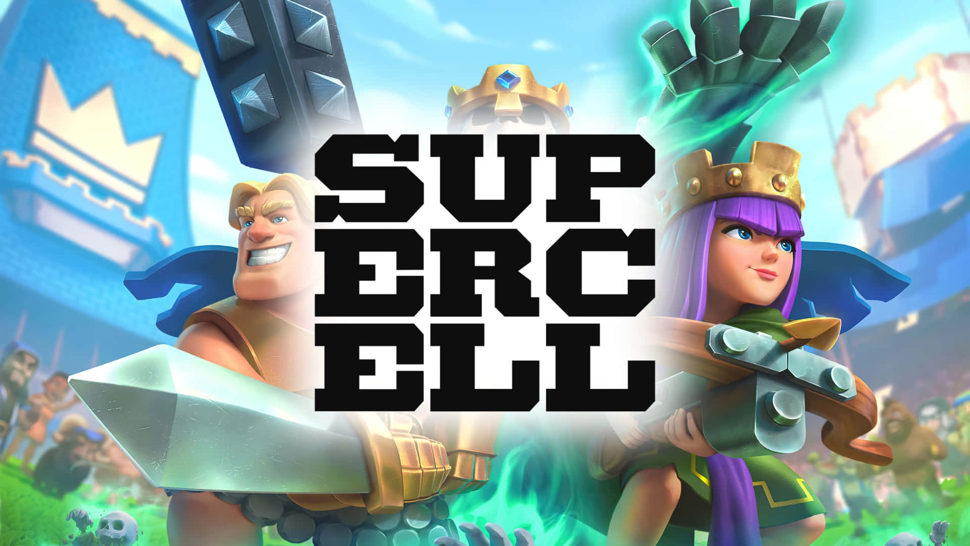 Supercell Logo, cartoonish warriors, sword, Full HD Desktop Wallpaper