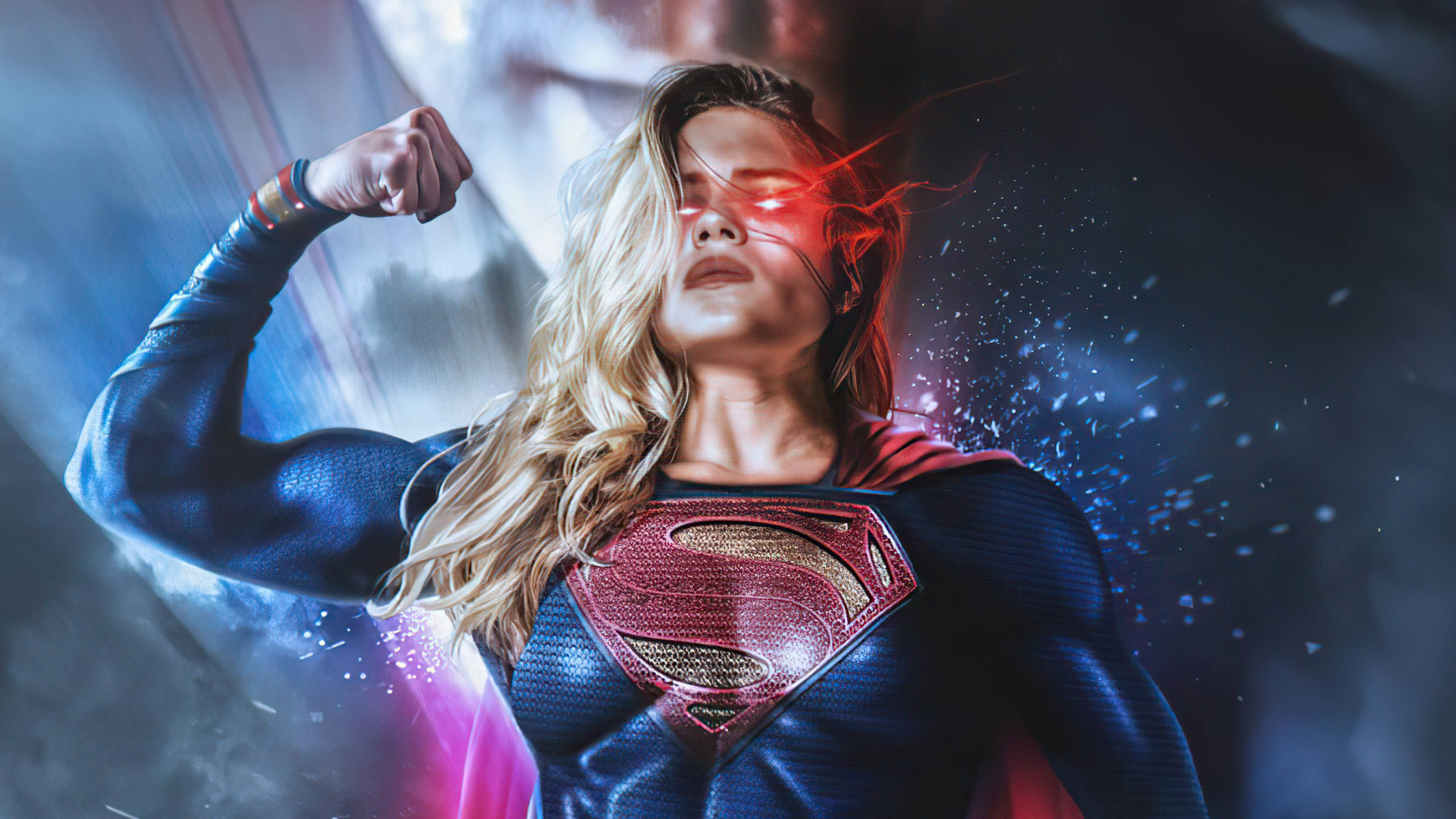 Supergirl, blue and red suit, glowing red eyes, 4K Desktop Wallpaper