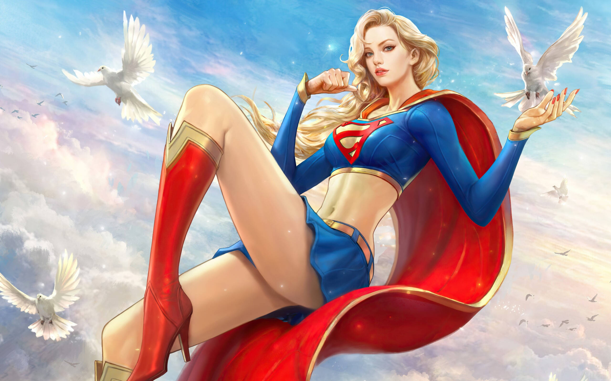Supergirl, white doves, blue and red costume, 2K Desktop Wallpaper