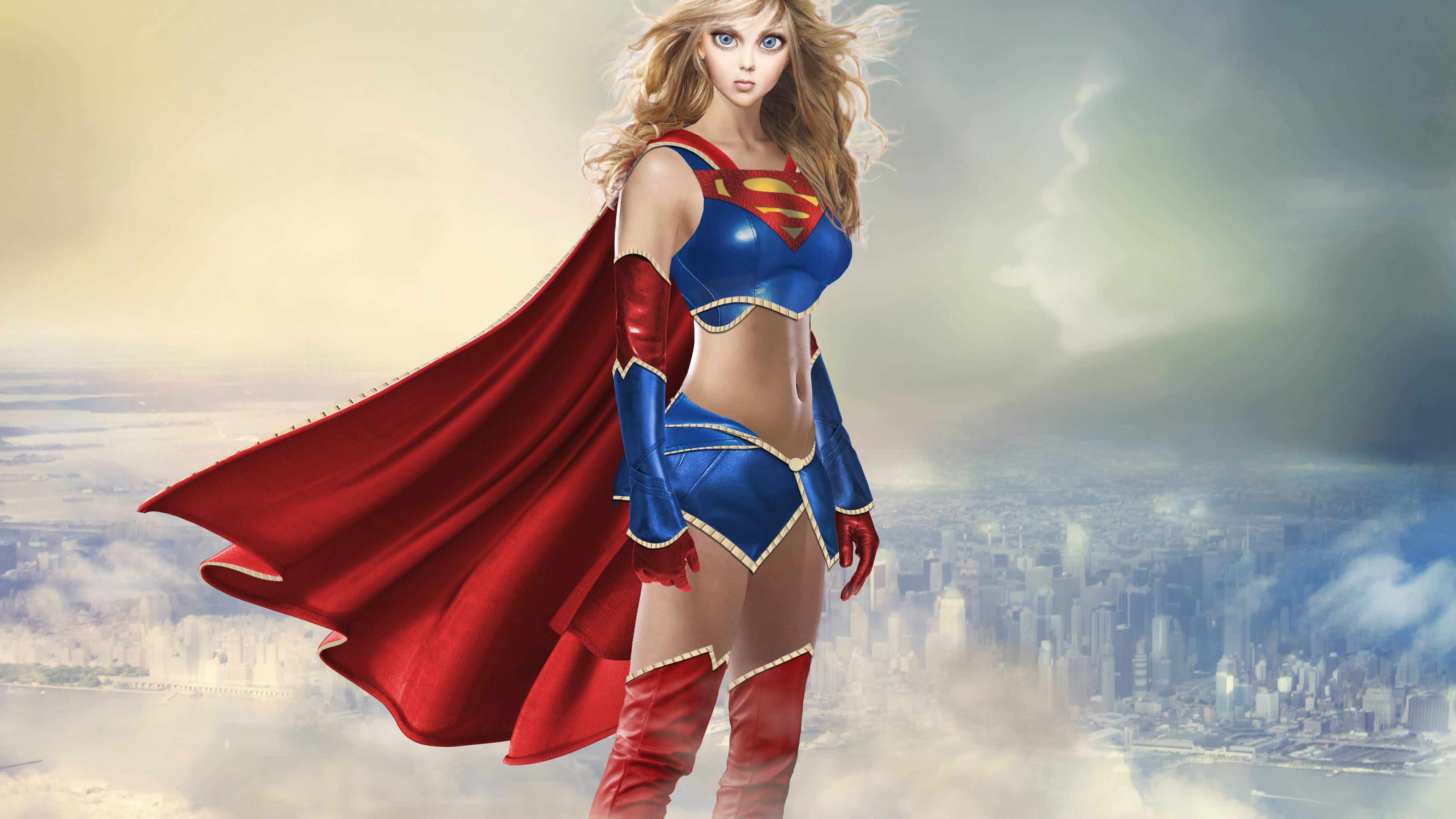 Supergirl, misty city, red cape, 4K Desktop Wallpaper