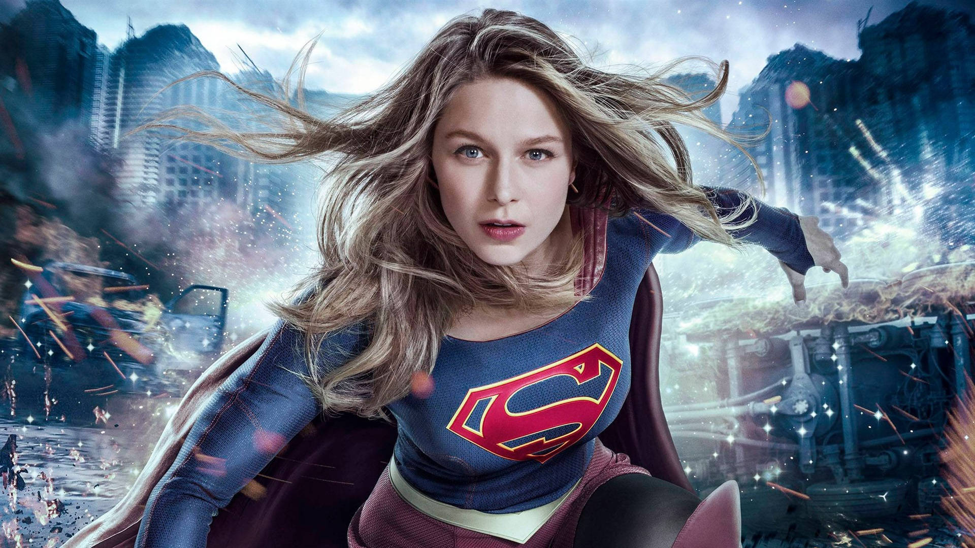 Supergirl, shattered cityscape, debris, Full HD Desktop Wallpaper