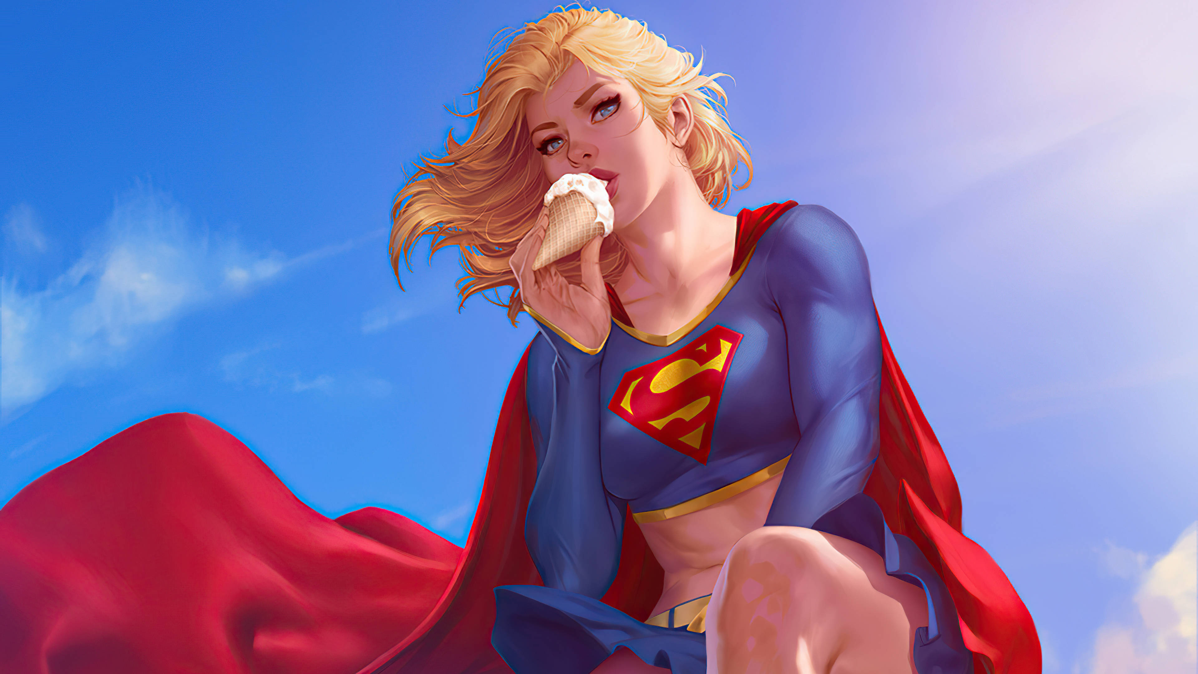 Supergirl, blue and red costume, ice cream cone, 4K Desktop Wallpaper