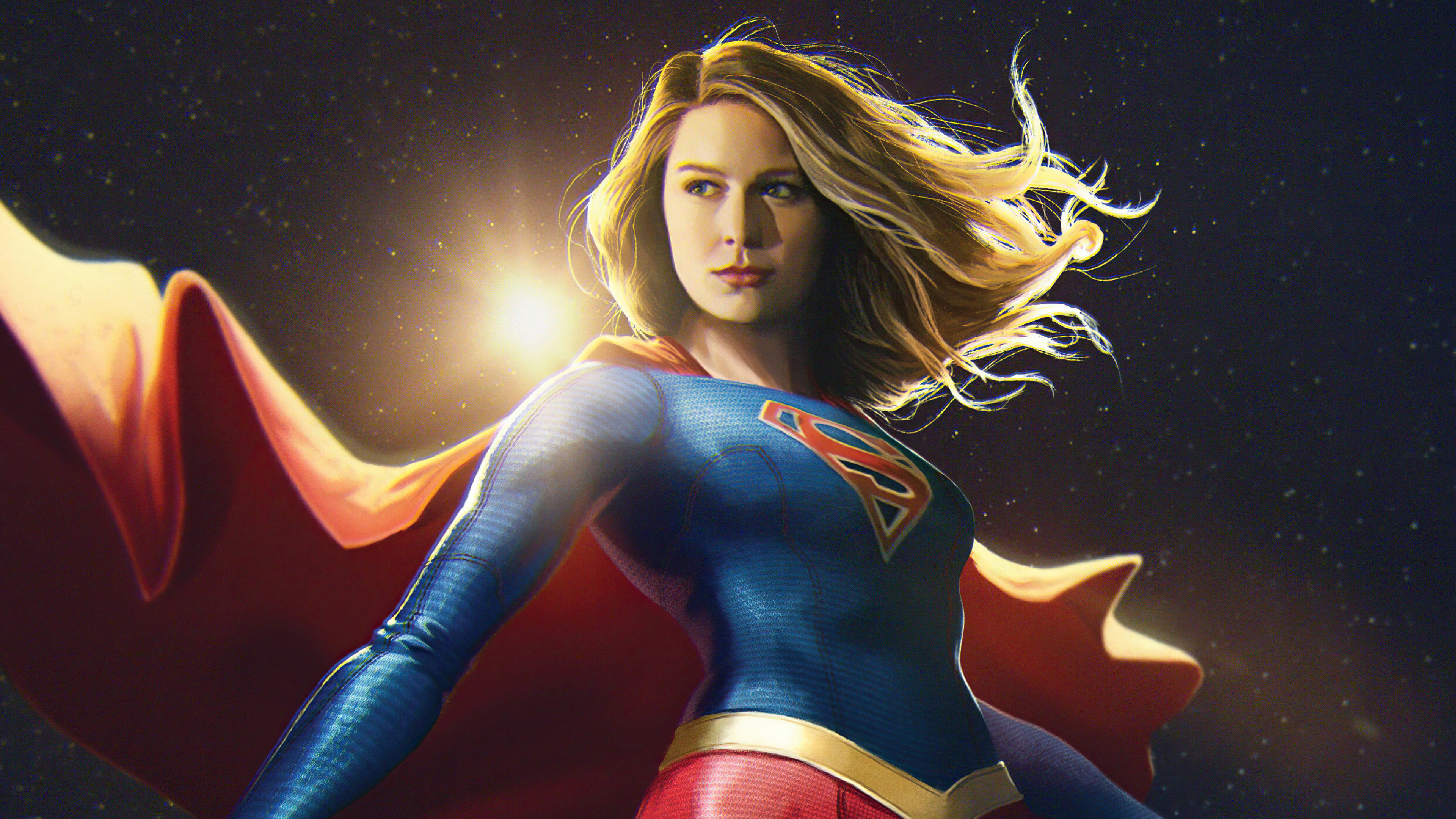 Supergirl, red cape, golden light, 4K Desktop Wallpaper