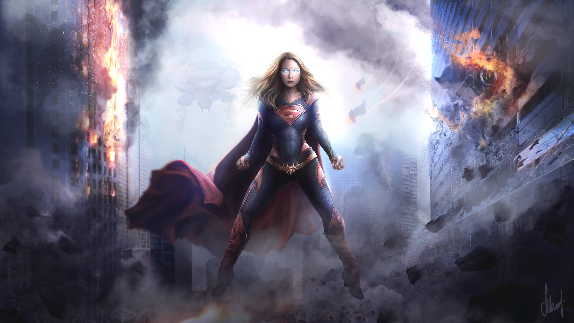 Supergirl, apocalyptic city, smoke-filled cityscape, Full HD Desktop Wallpaper