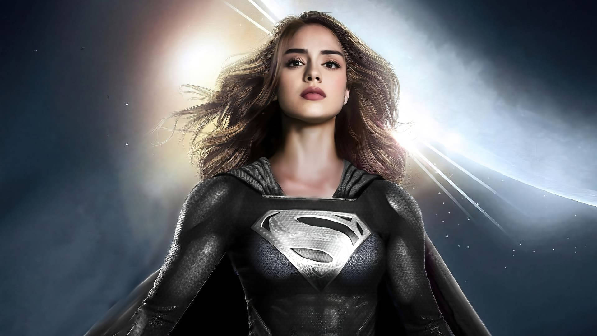 Black Supergirl, silver 'S' emblem, cosmic backdrop, Full HD Desktop Wallpaper