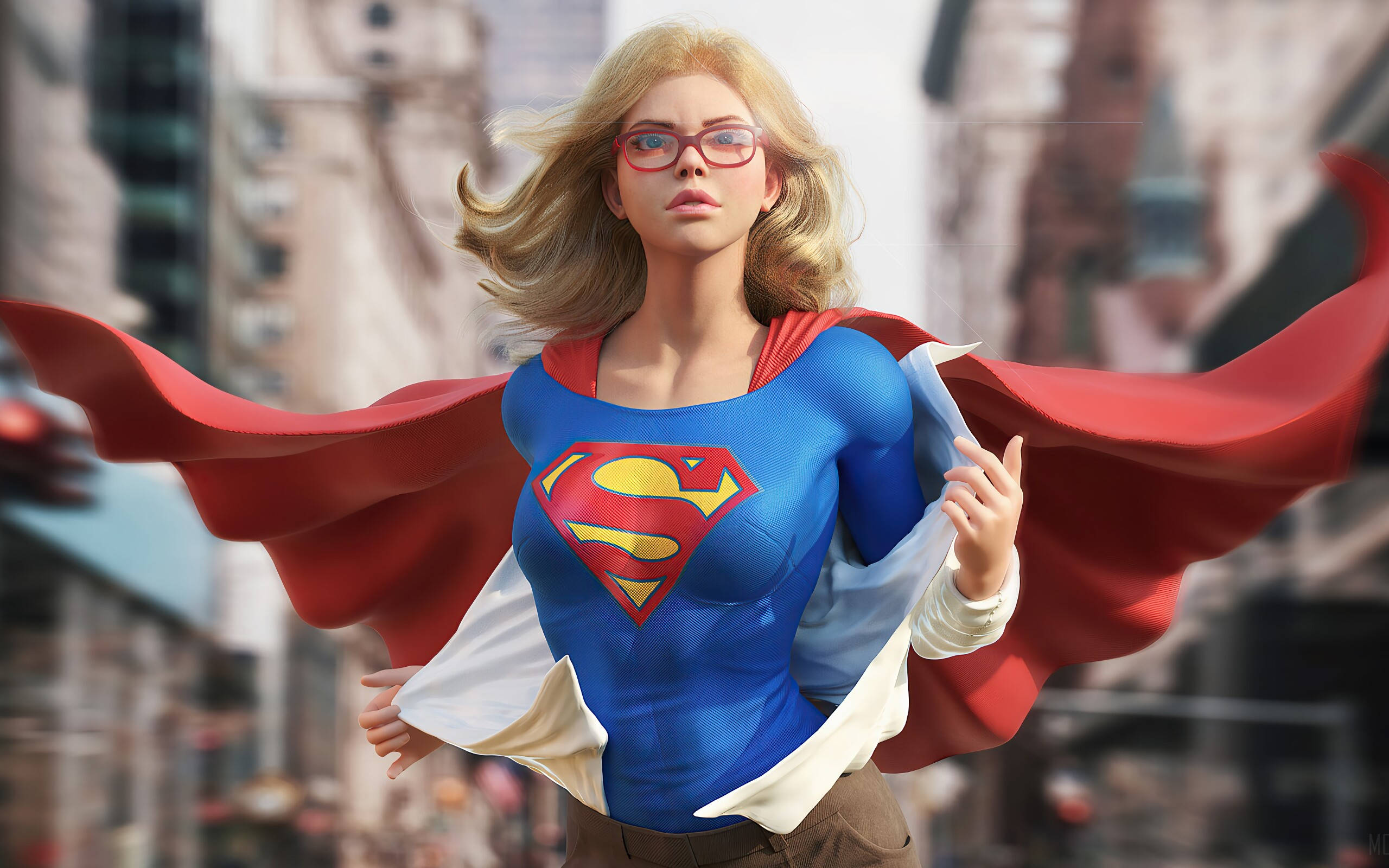 Supergirl, blue Superman costume, red cape, 2K Desktop Wallpaper