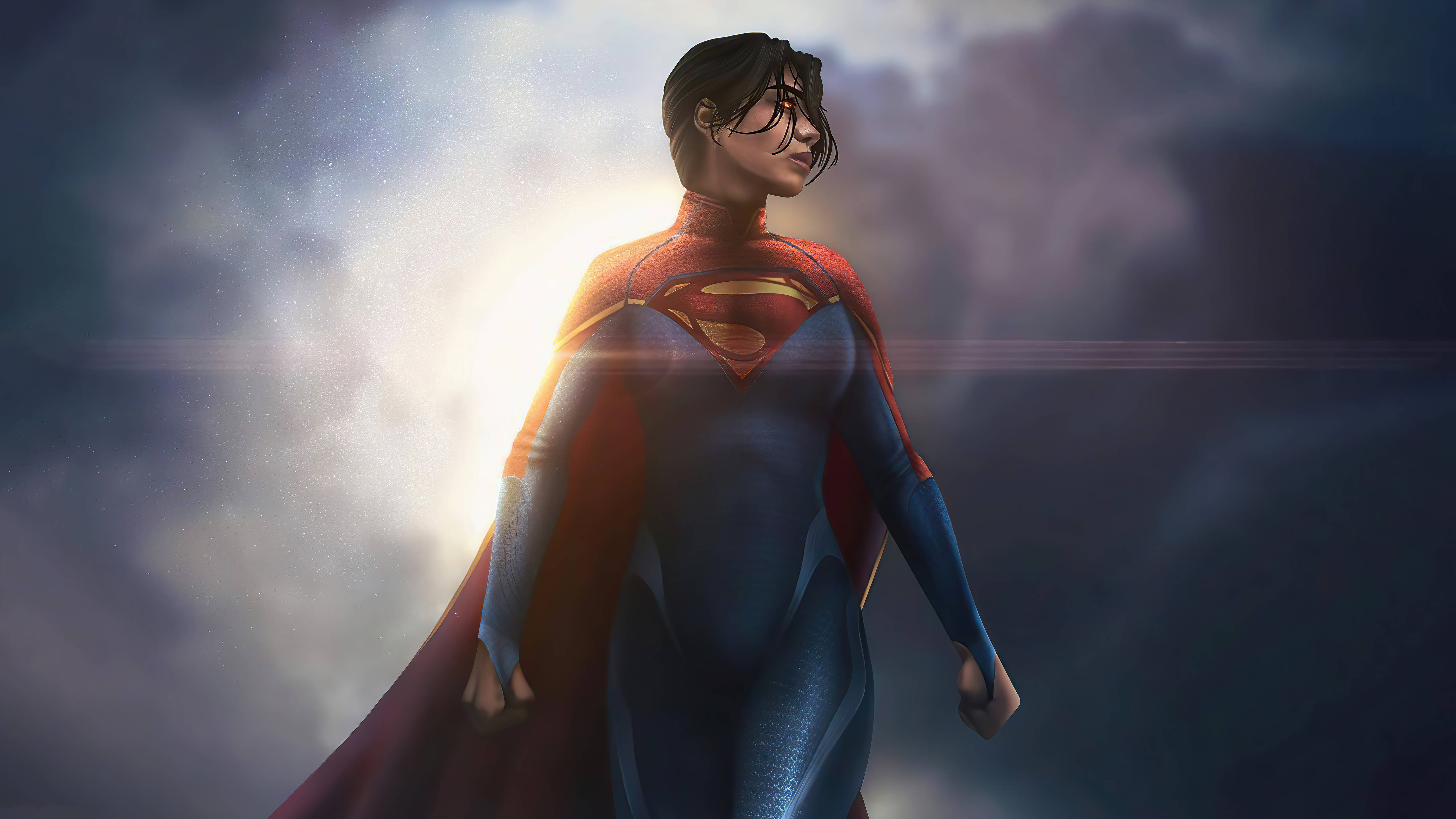 Supergirl, blue and red suit, cloudy sky, 5K Desktop Wallpaper