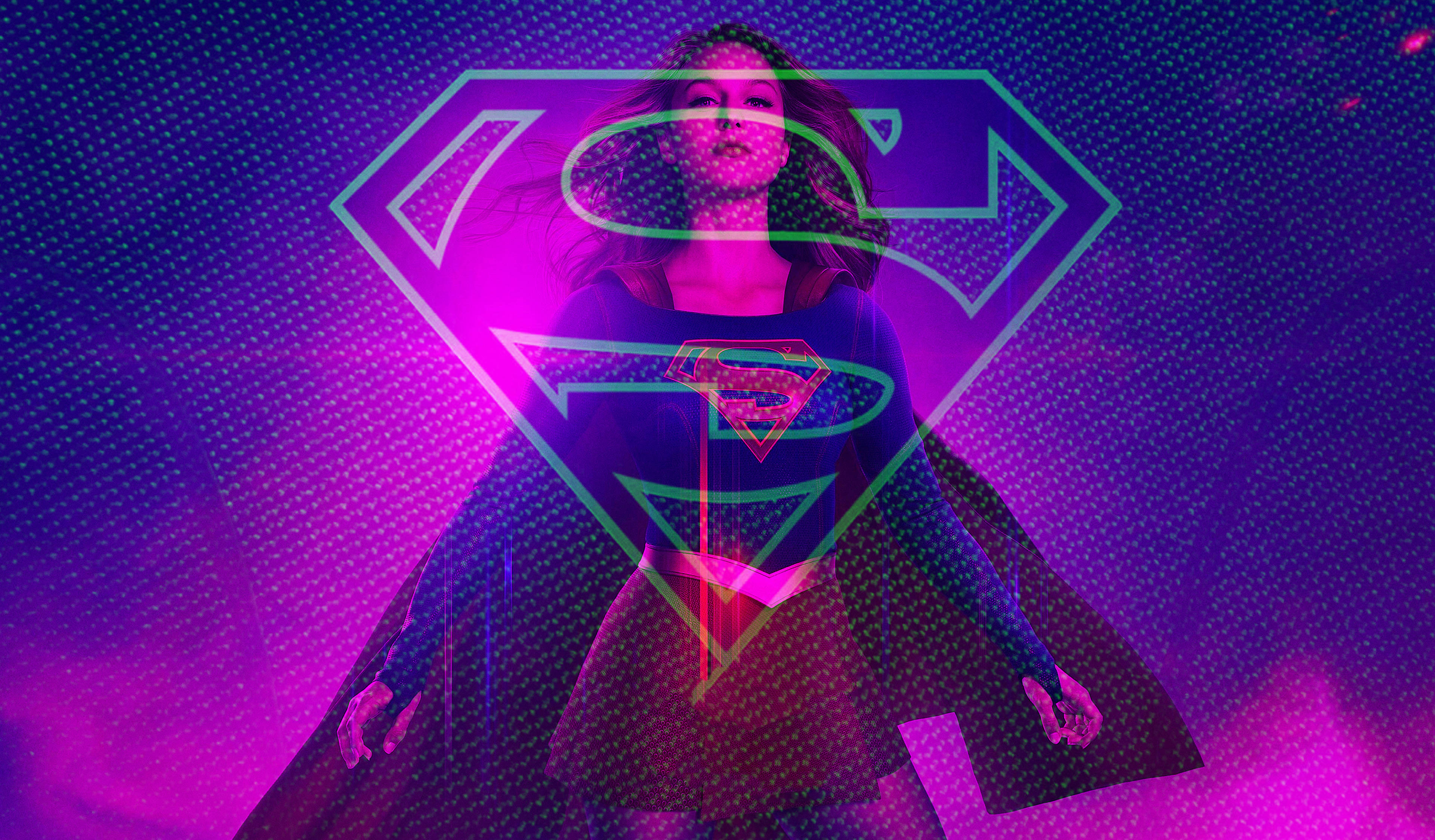 Supergirl, neon aesthetic, glowing purple and blue costume, 4K Desktop Wallpaper