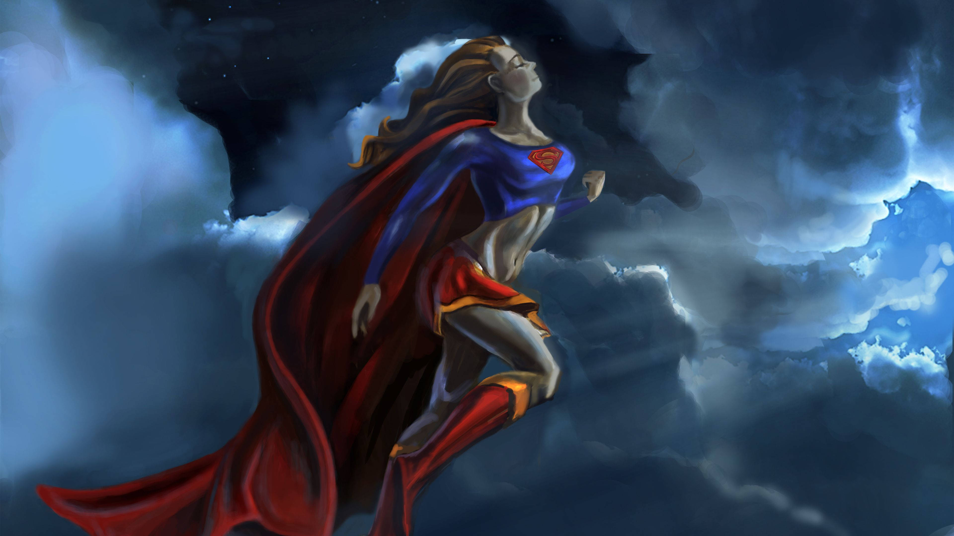Supergirl, red cape, stormy clouds, 4K Desktop Wallpaper
