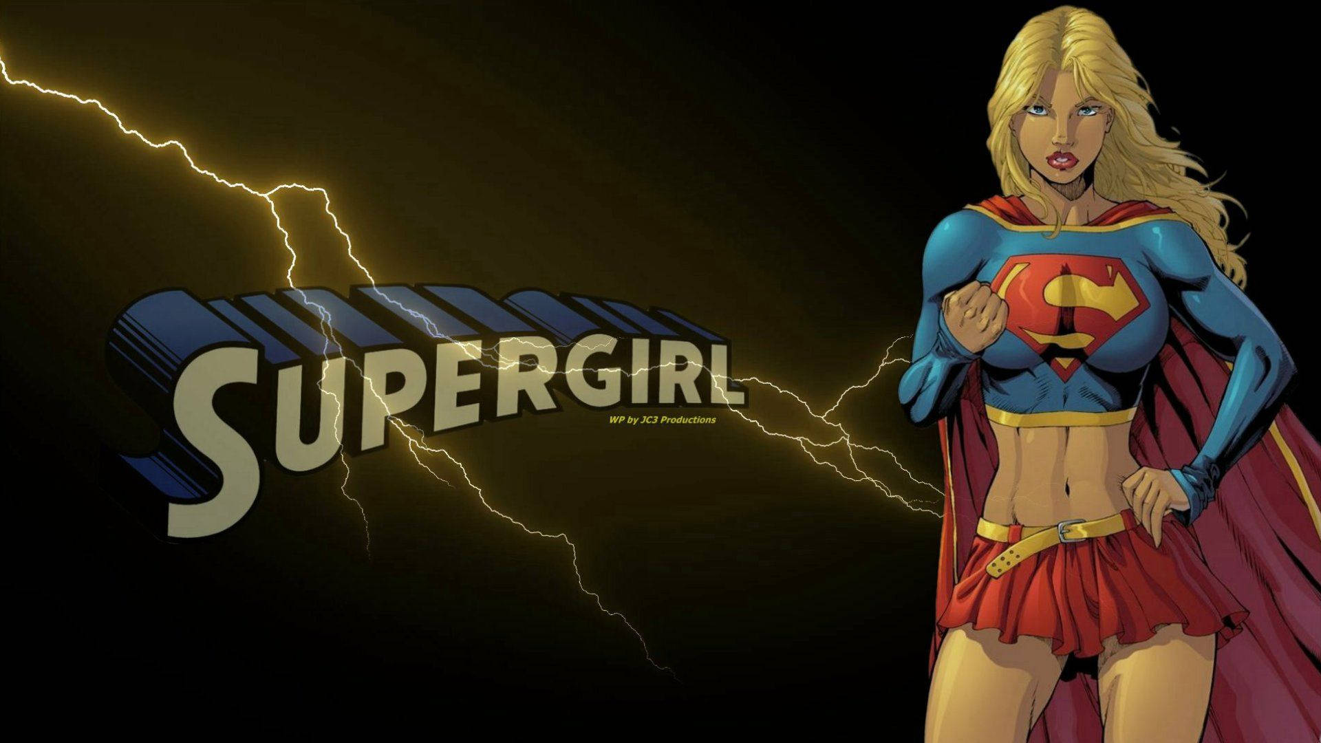 Supergirl, blue and red costume, lightning, Full HD Desktop Wallpaper