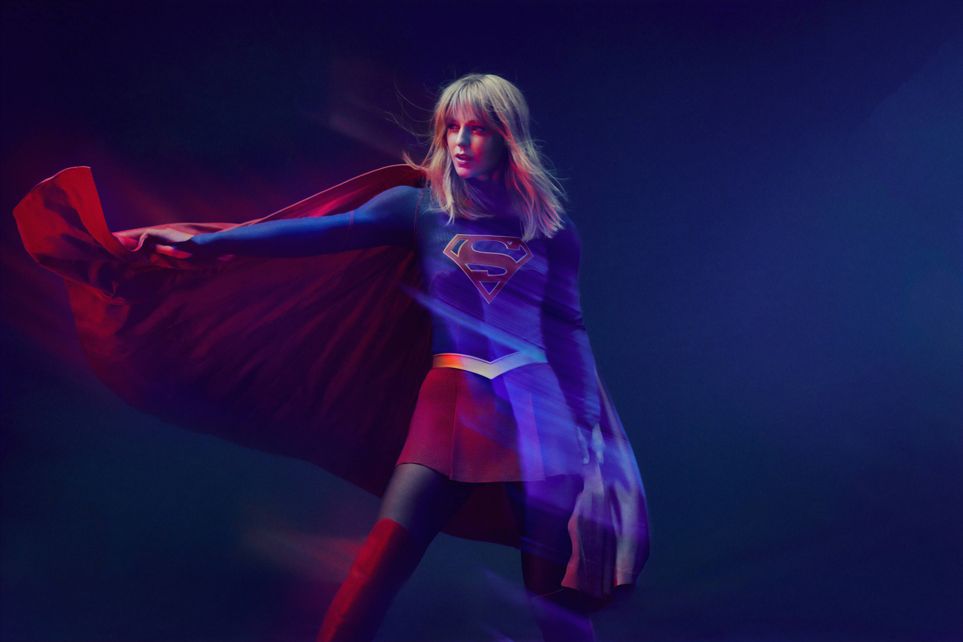 Supergirl, blue and red costume, flowing cape, 4K Desktop Wallpaper