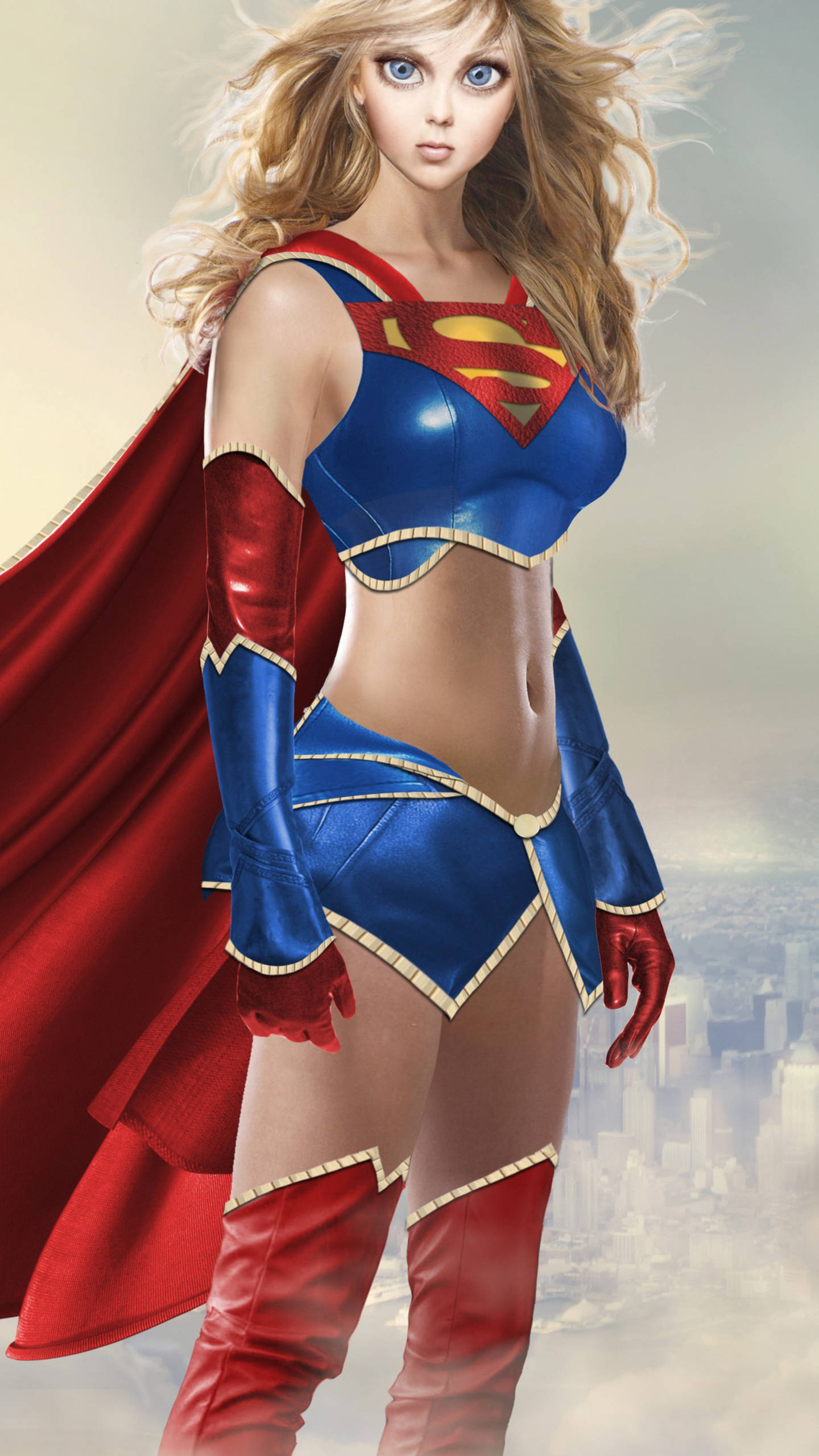 Supergirl, blue and red costume, flowing cape, 2K Phone Wallpaper