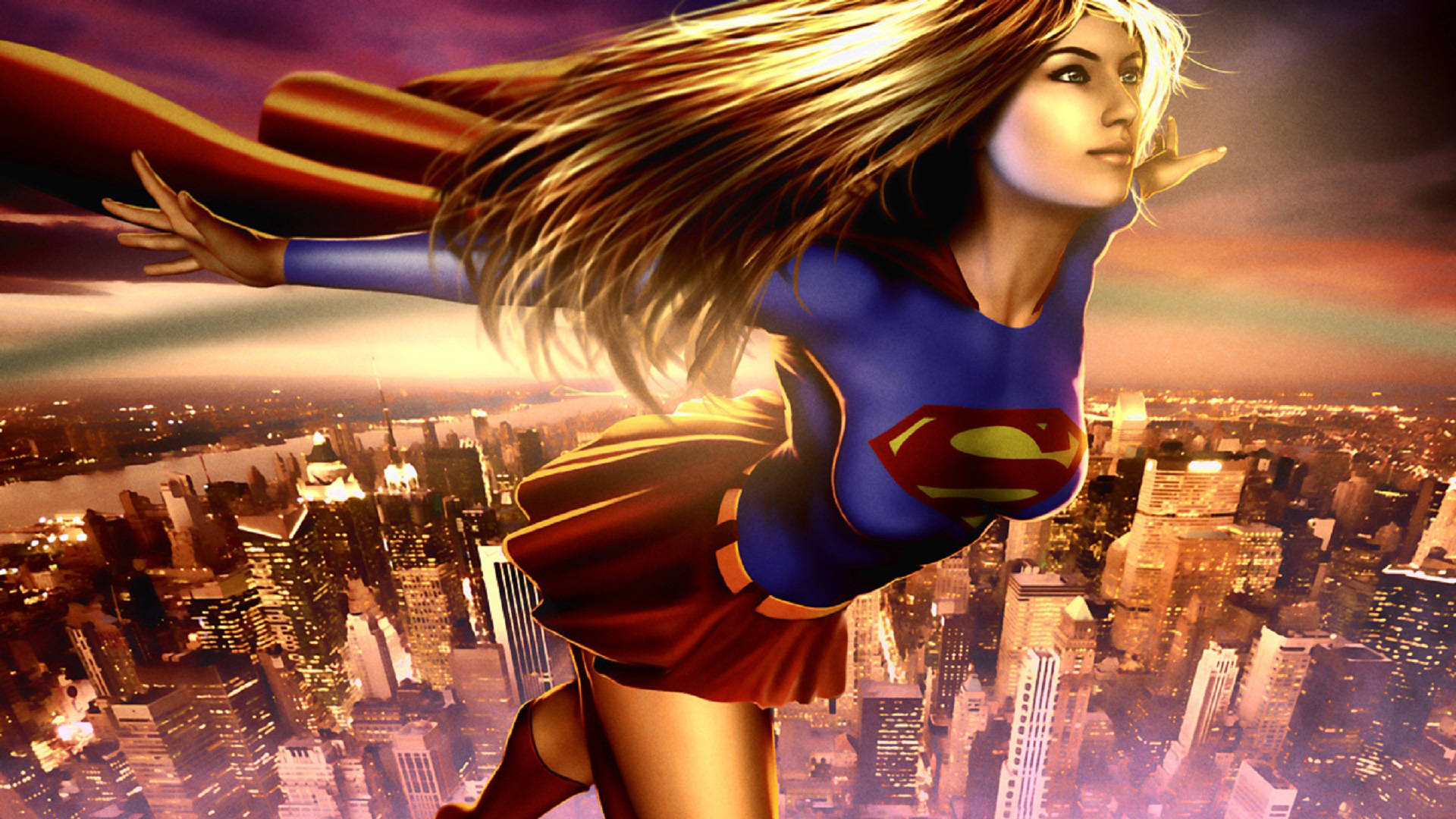 Supergirl, cityscape, sunset, Full HD Desktop Wallpaper