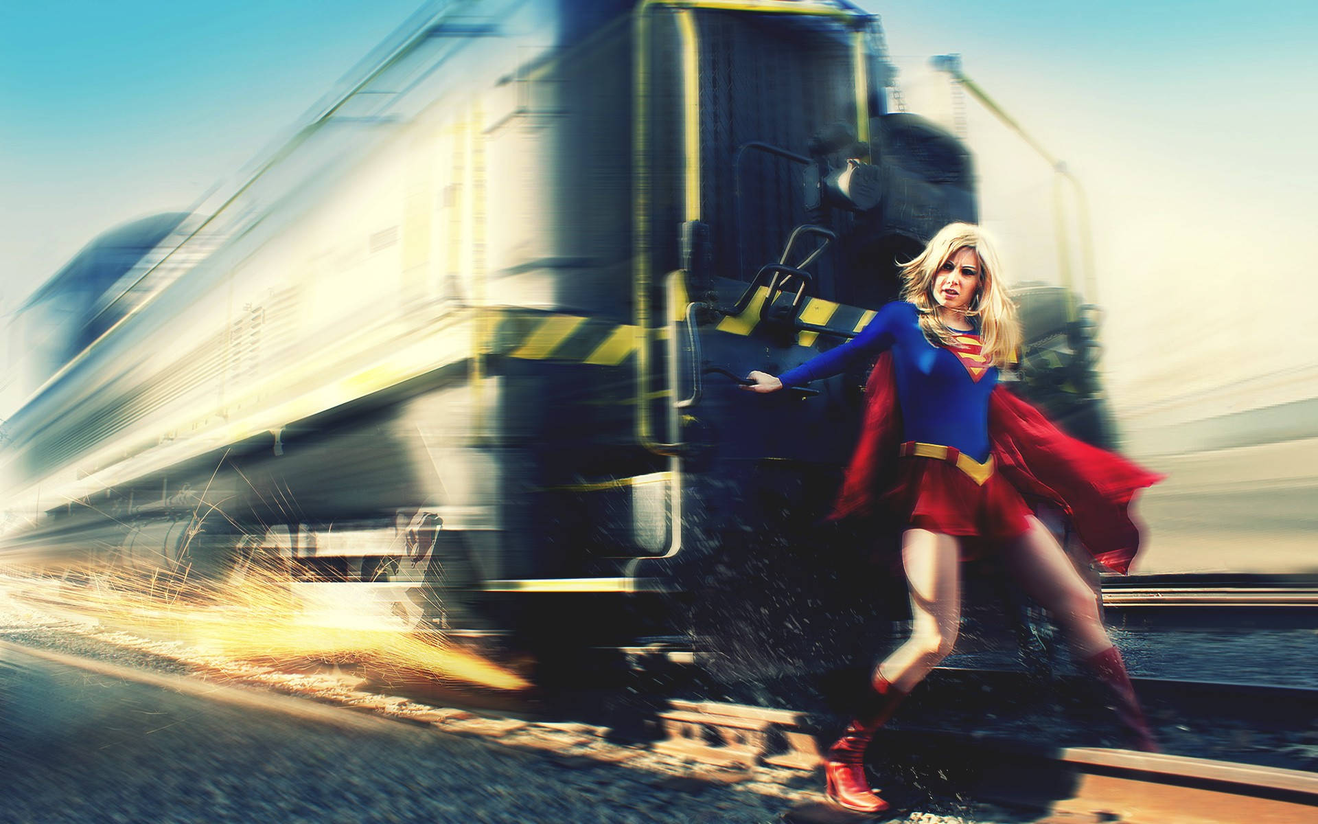 Supergirl, train tracks, locomotive, Full HD Desktop Wallpaper