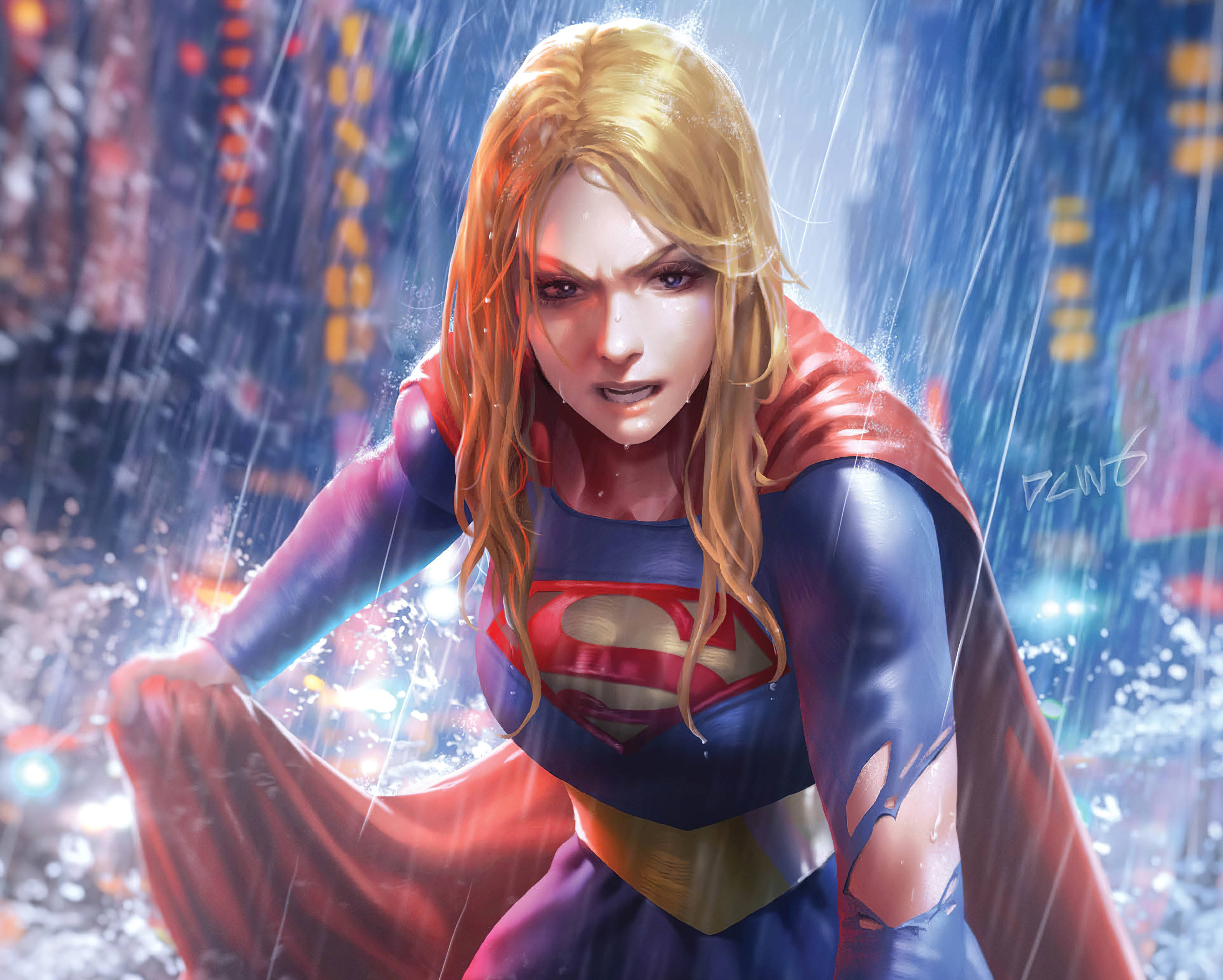 Supergirl, rainy cityscape, red cape, 4K Desktop Wallpaper