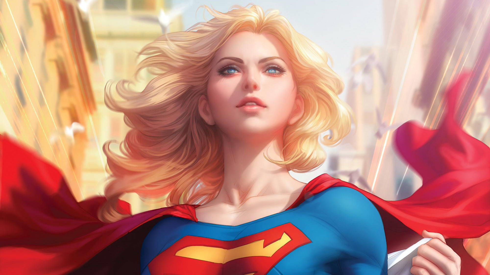Supergirl, cartoon portrait, sunlit cityscape, Full HD Desktop Wallpaper