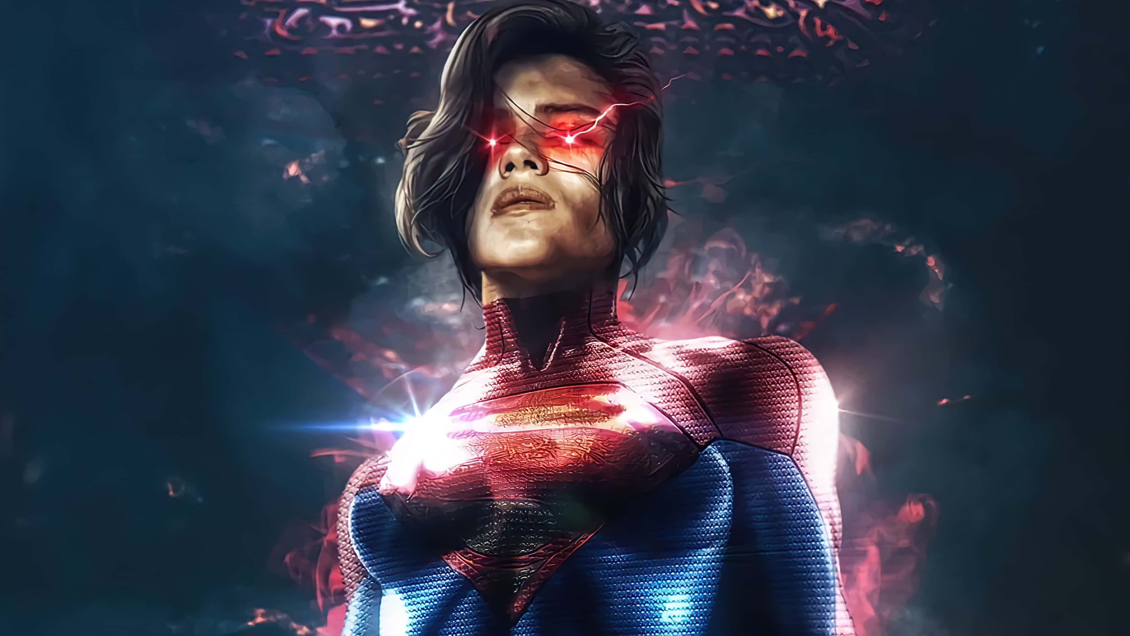Supergirl, glowing red eyes, radiant chest emblem, 4K Desktop Wallpaper