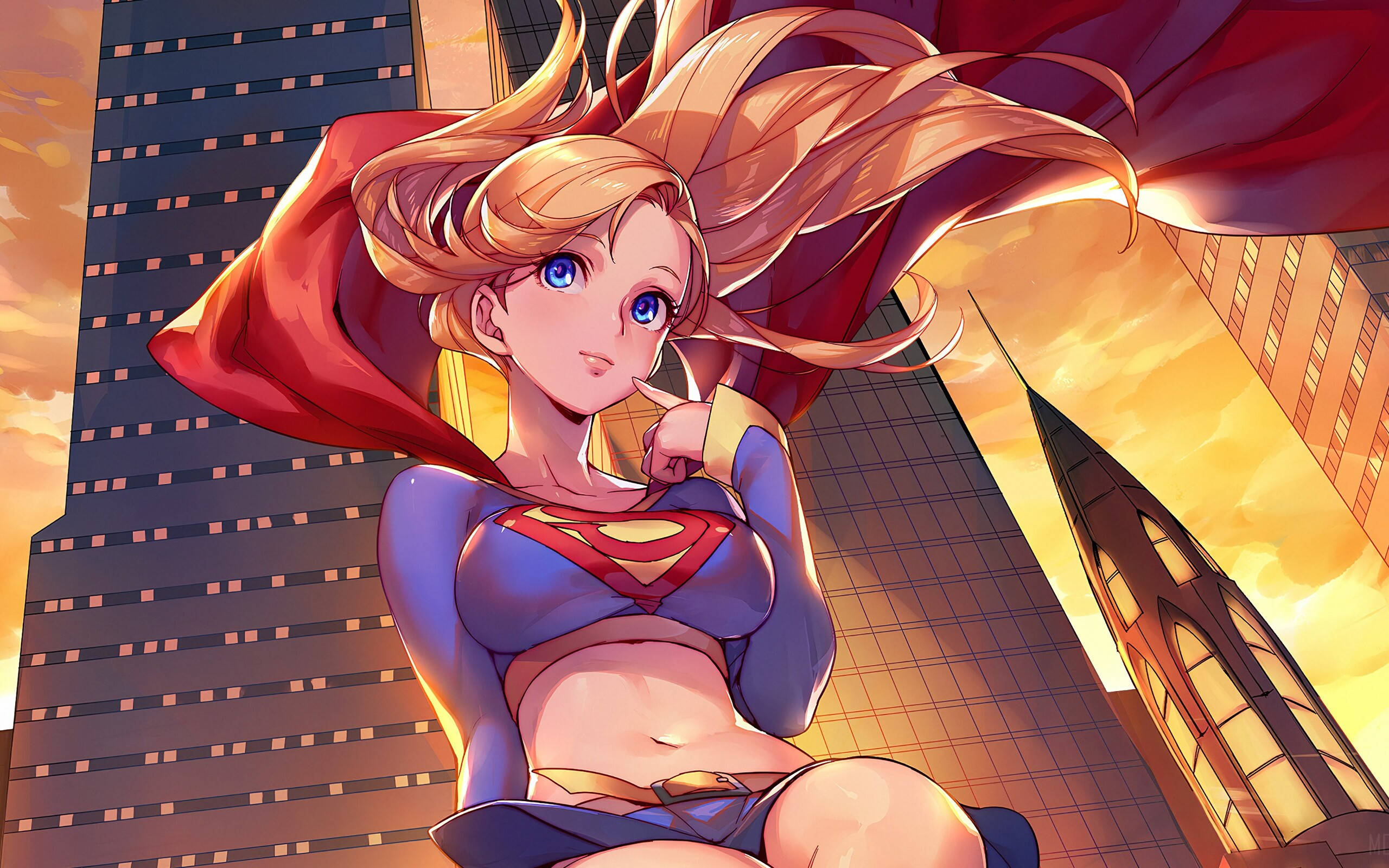 Supergirl, blonde anime superheroine, blue and red suit, 2K Desktop Wallpaper