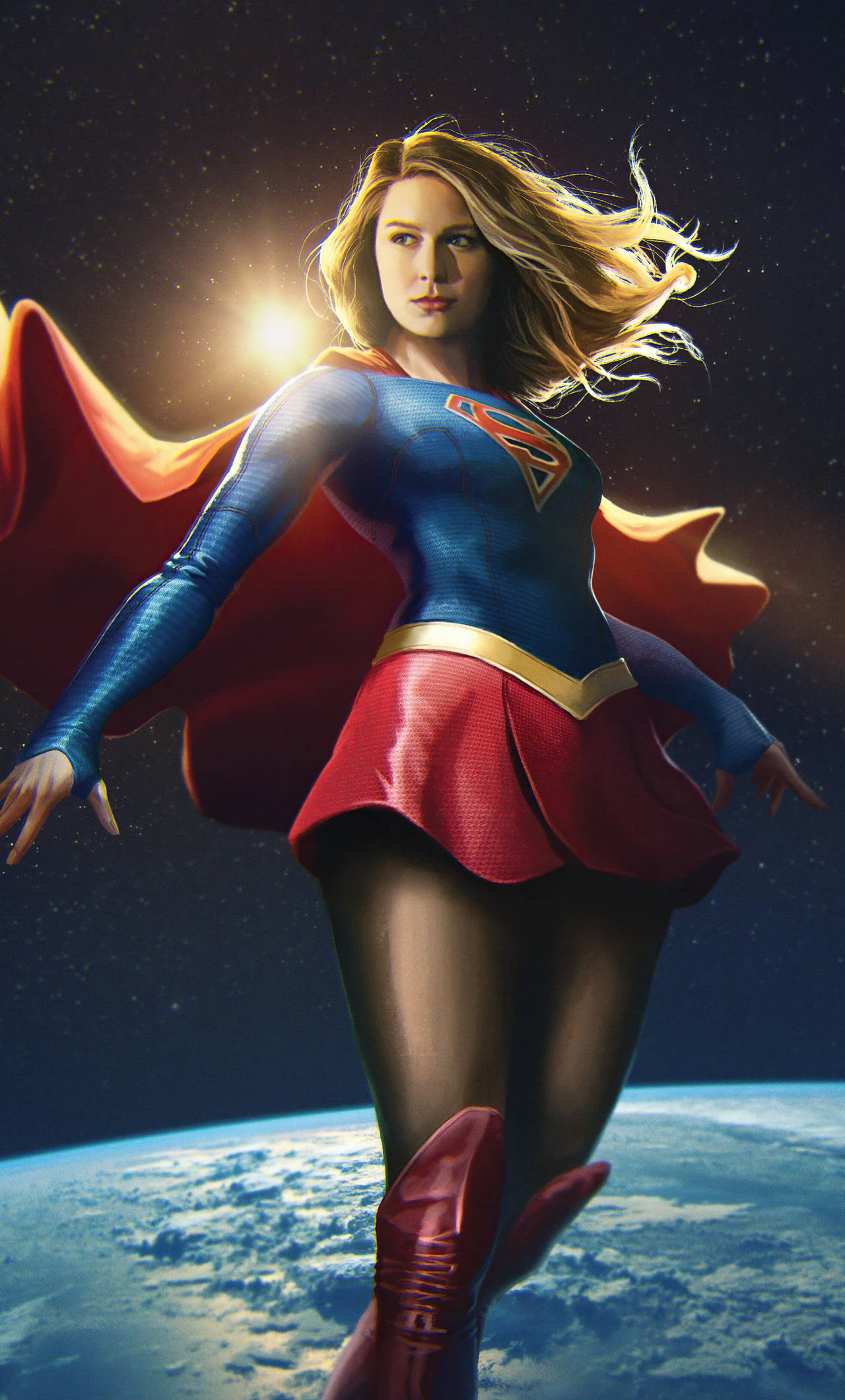 Supergirl, Earth, starry cosmic backdrop, Full HD Phone Wallpaper