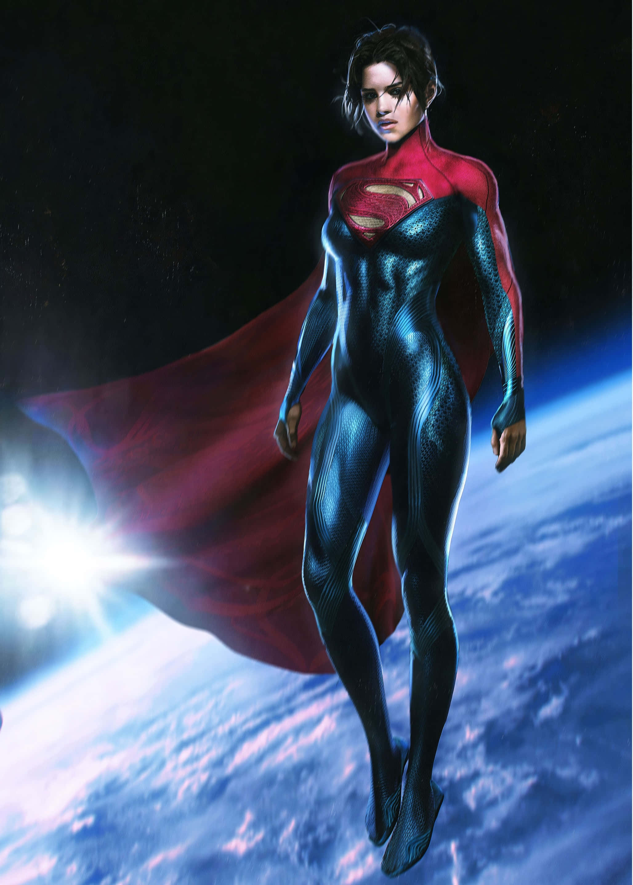 Supergirl, red and blue suit, flowing red cape, 2K Phone Wallpaper