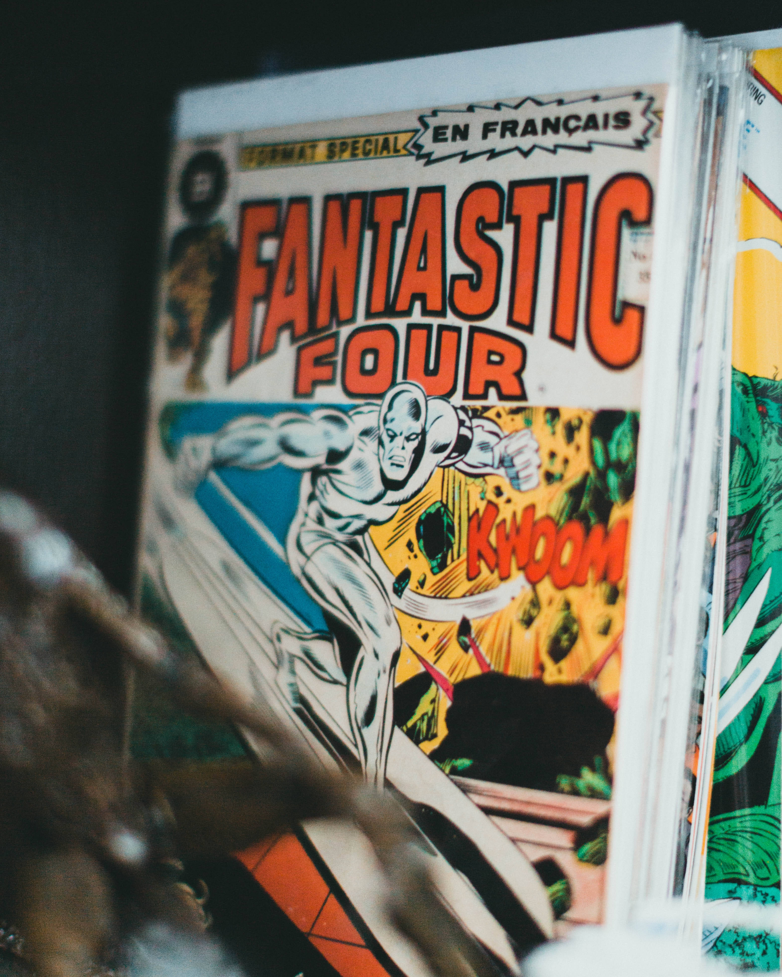 Superhero Supreme, vintage French Fantastic Four comic book, bold orange lettering, 4K Phone Wallpaper