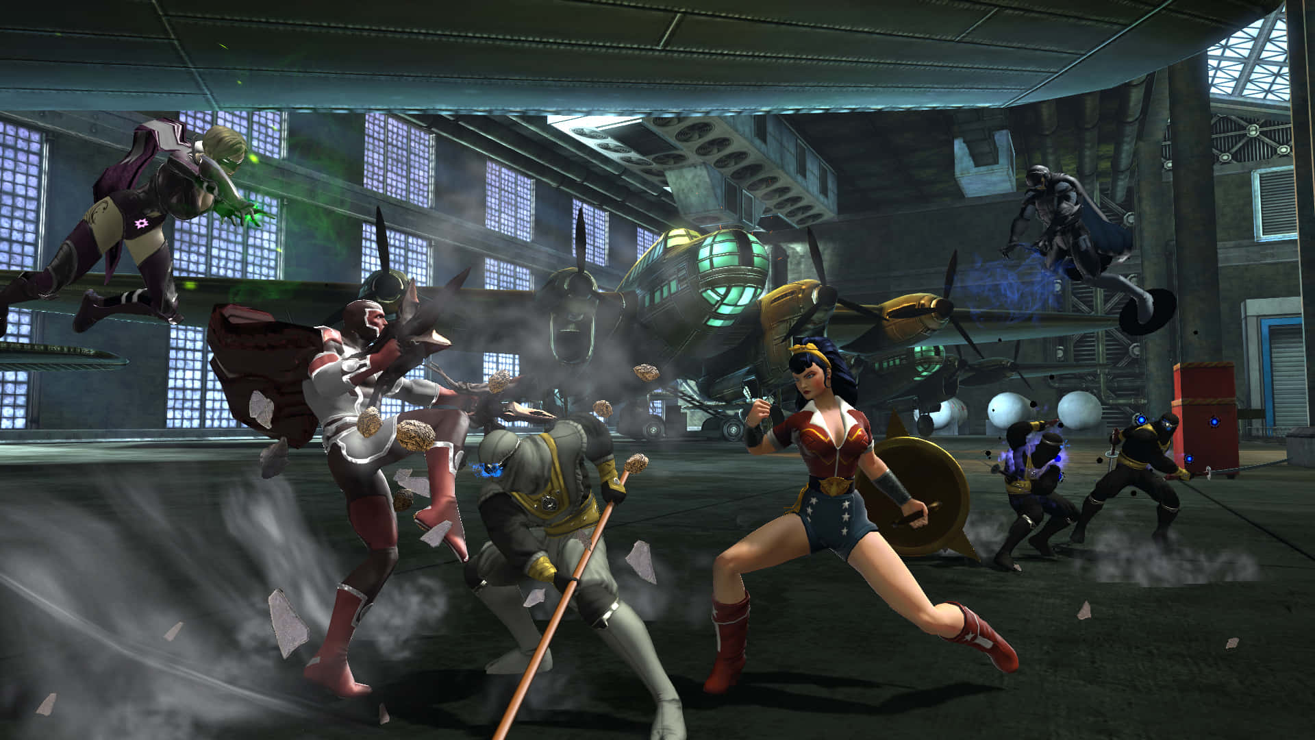 superhero battle, gritty industrial hangar, flying fighters, Full HD Desktop Wallpaper